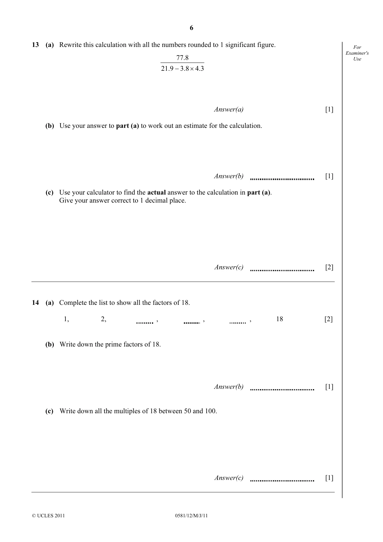 Cambridge IGCSE Mathematics (with coursework) 0581 2011 May/June Paper 1 · Variant 2 question paper, page 6 of 12