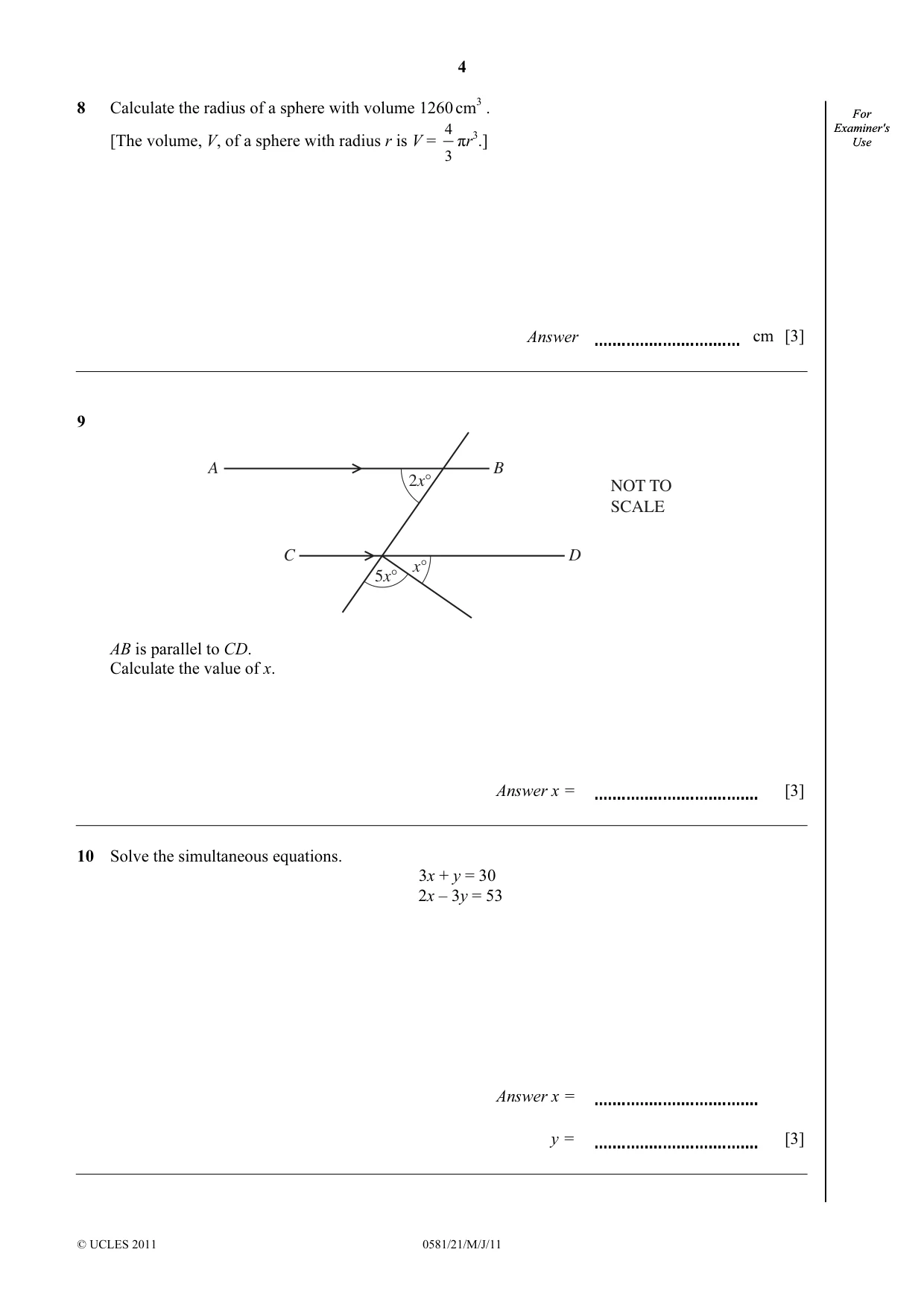 Cambridge IGCSE Mathematics (with coursework) 0581 2011 May/June Paper 2 · Variant 1 question paper, page 4 of 12
