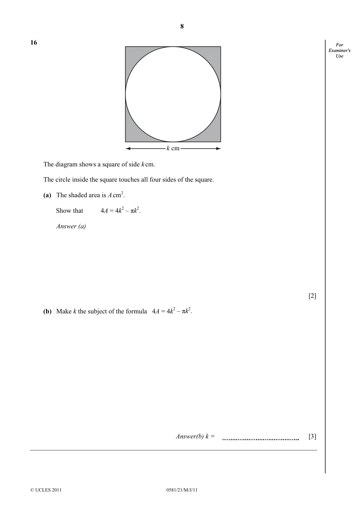 Cambridge IGCSE Mathematics (with coursework) 0581 2011 May/June Paper 2 · Variant 1 question paper, page 8 of 12