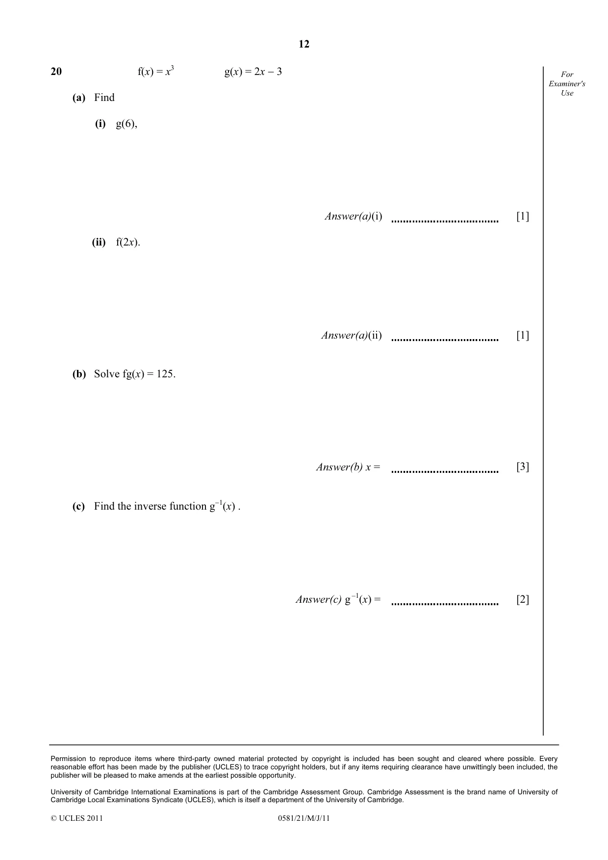Cambridge IGCSE Mathematics (with coursework) 0581 2011 May/June Paper 2 · Variant 1 question paper, page 12 of 12