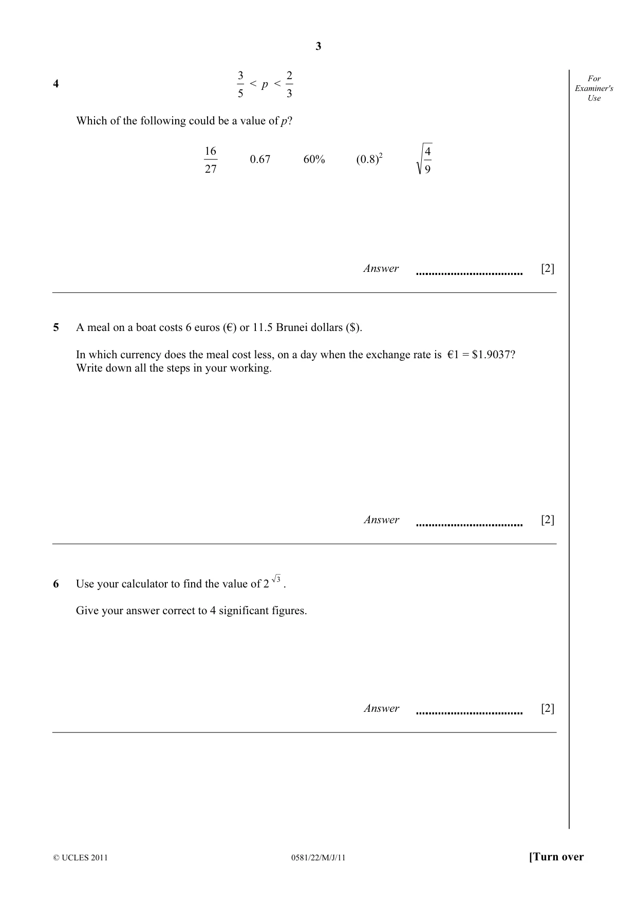 Cambridge IGCSE Mathematics (with coursework) 0581 2011 May/June Paper 2 · Variant 2 question paper, page 3 of 12