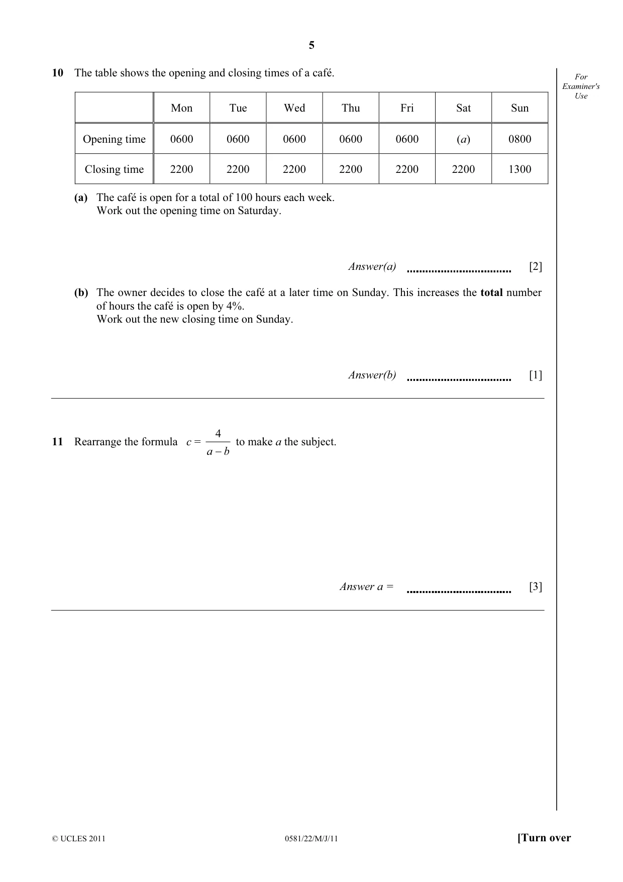 Cambridge IGCSE Mathematics (with coursework) 0581 2011 May/June Paper 2 · Variant 2 question paper, page 5 of 12