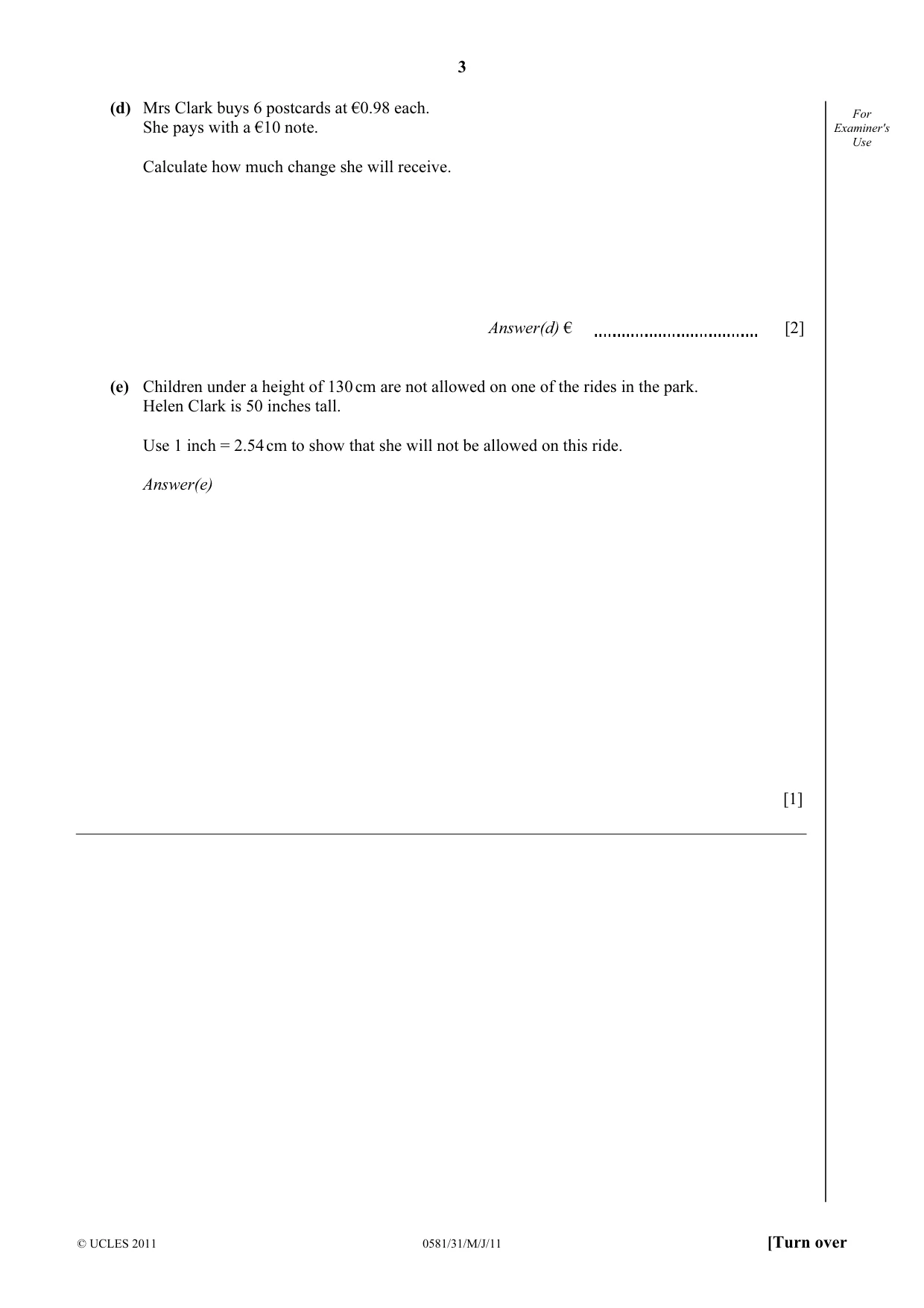 Cambridge IGCSE Mathematics (with coursework) 0581 2011 May/June Paper 3 · Variant 1 question paper, page 3 of 16
