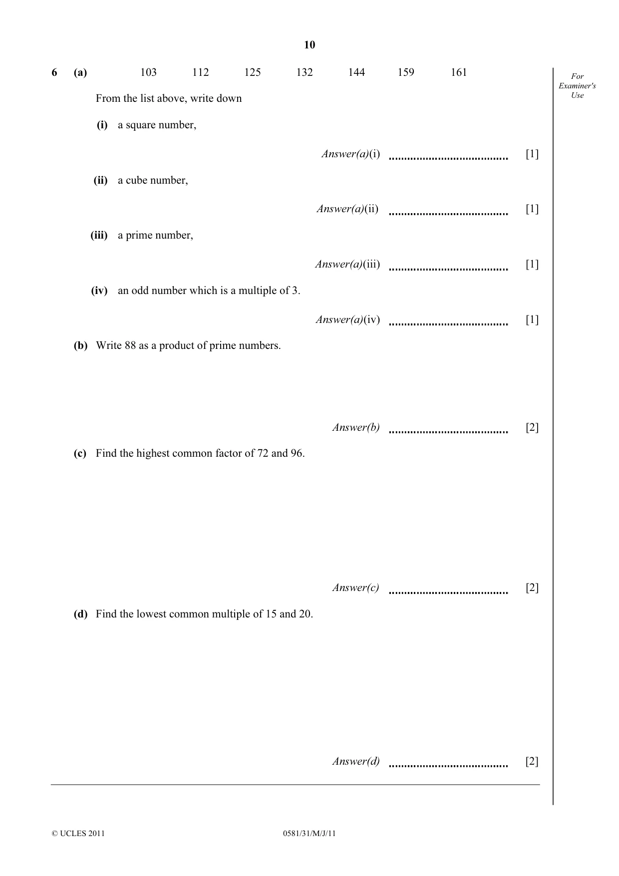 Cambridge IGCSE Mathematics (with coursework) 0581 2011 May/June Paper 3 · Variant 1 question paper, page 10 of 16