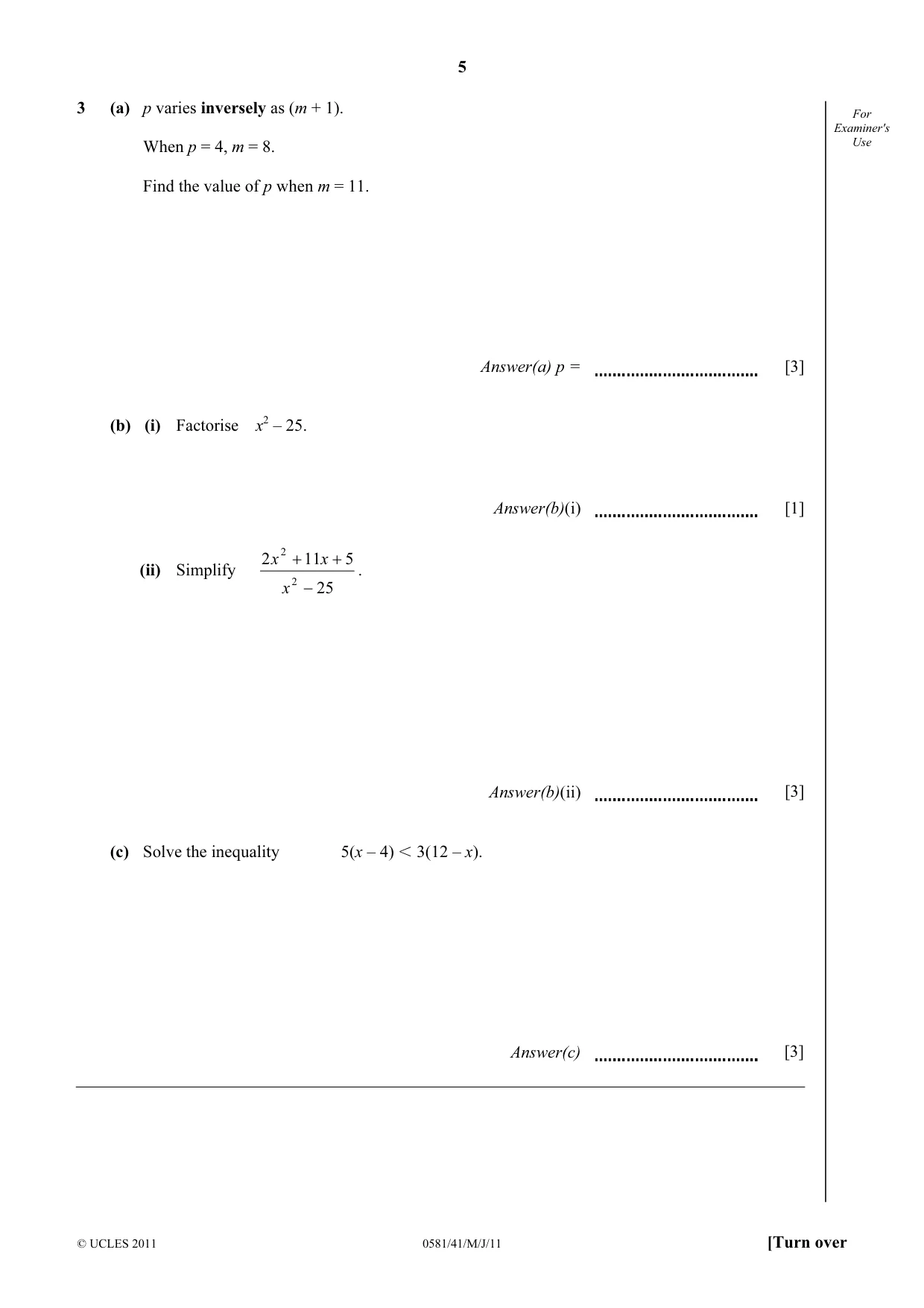 Cambridge IGCSE Mathematics (with coursework) 0581 2011 May/June Paper 4 · Variant 1 question paper, page 5 of 16