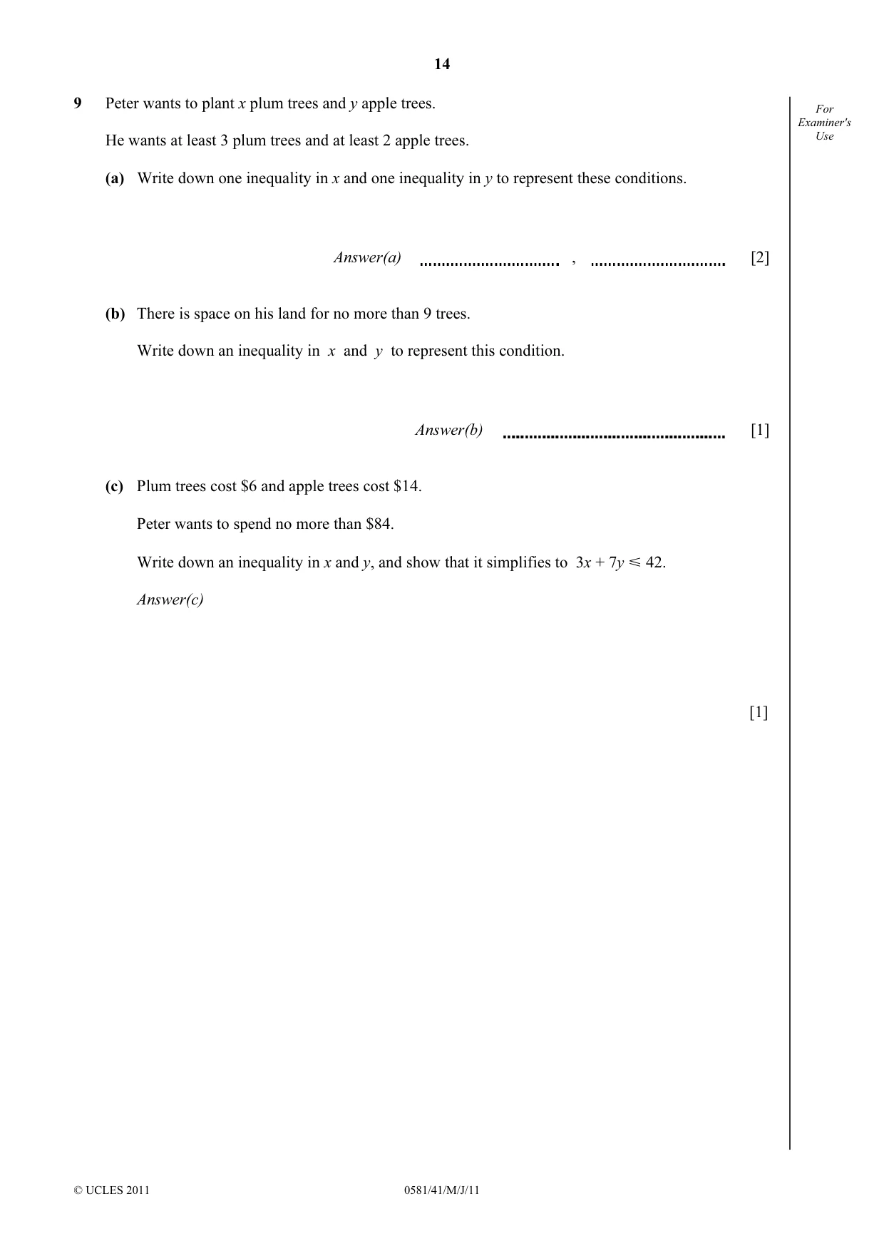 Cambridge IGCSE Mathematics (with coursework) 0581 2011 May/June Paper 4 · Variant 1 question paper, page 14 of 16