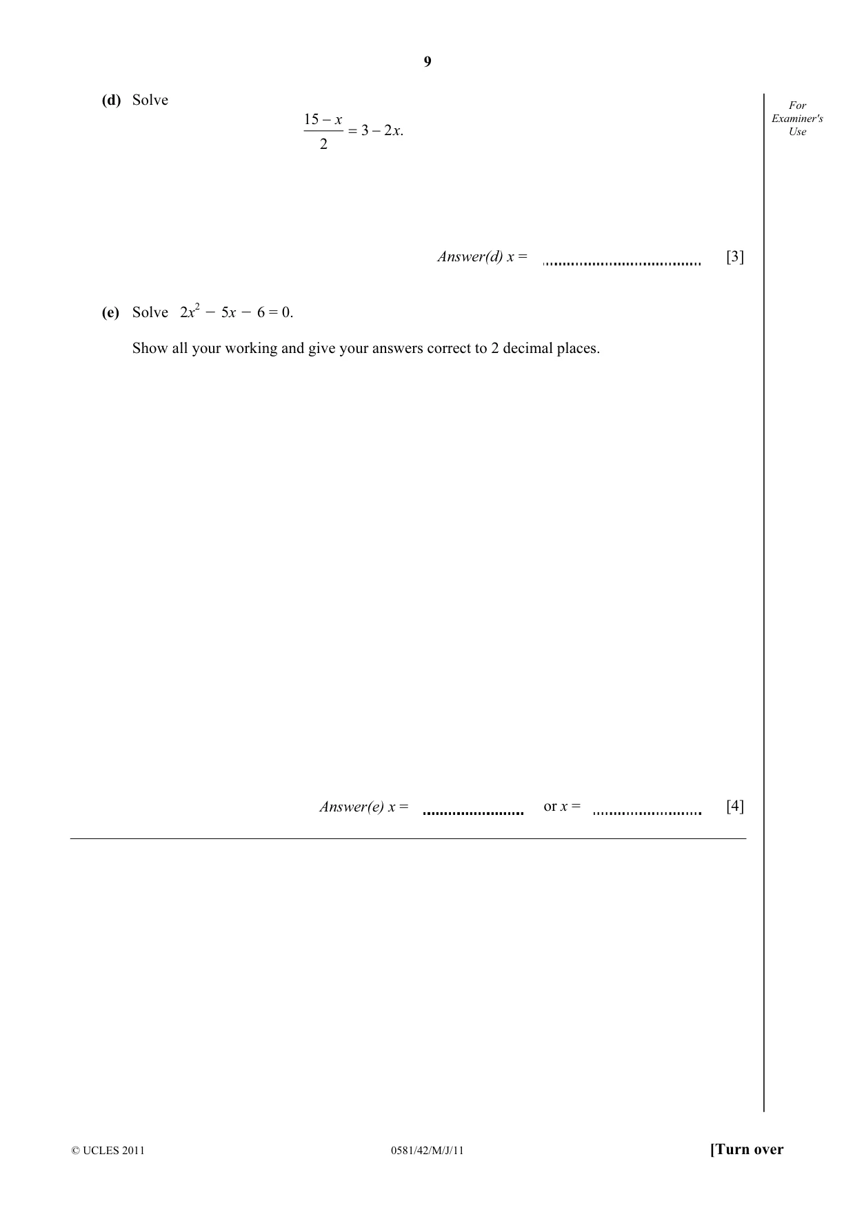 Cambridge IGCSE Mathematics (with coursework) 0581 2011 May/June Paper 4 · Variant 2 question paper, page 9 of 16