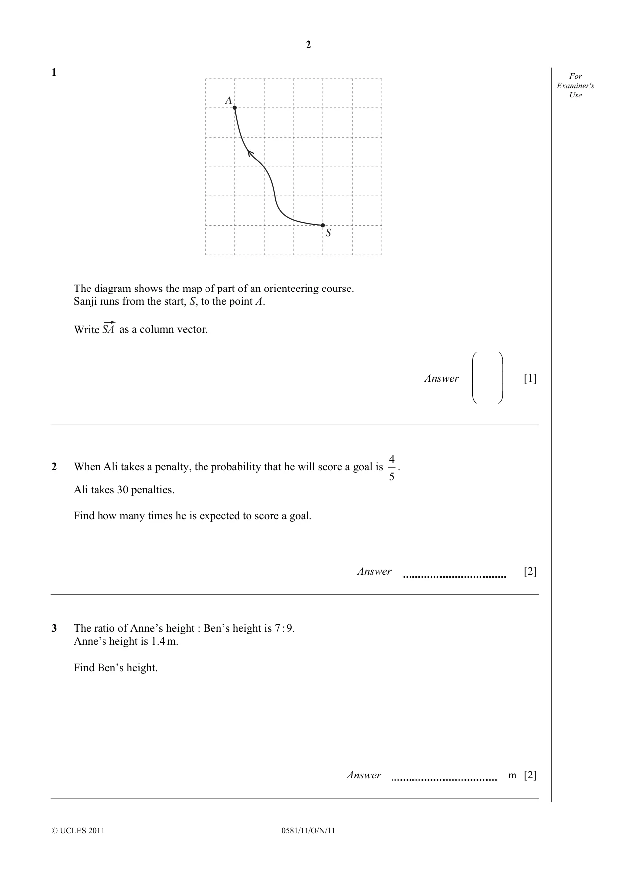 Cambridge IGCSE Mathematics (with coursework) 0581 2011 Oct/Nov Paper 1 · Variant 1 question paper, page 2 of 12