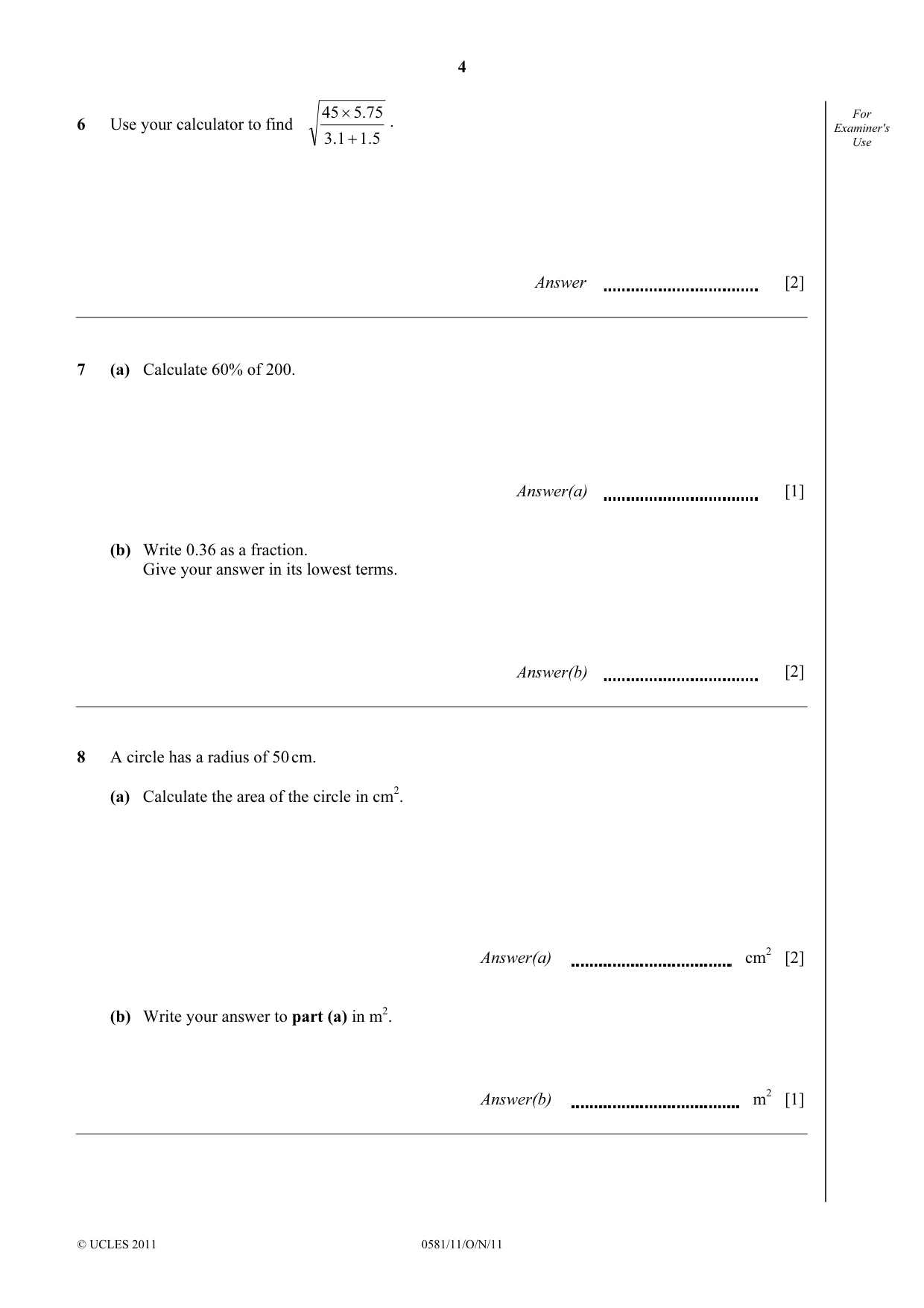 Cambridge IGCSE Mathematics (with coursework) 0581 2011 Oct/Nov Paper 1 · Variant 1 question paper, page 4 of 12