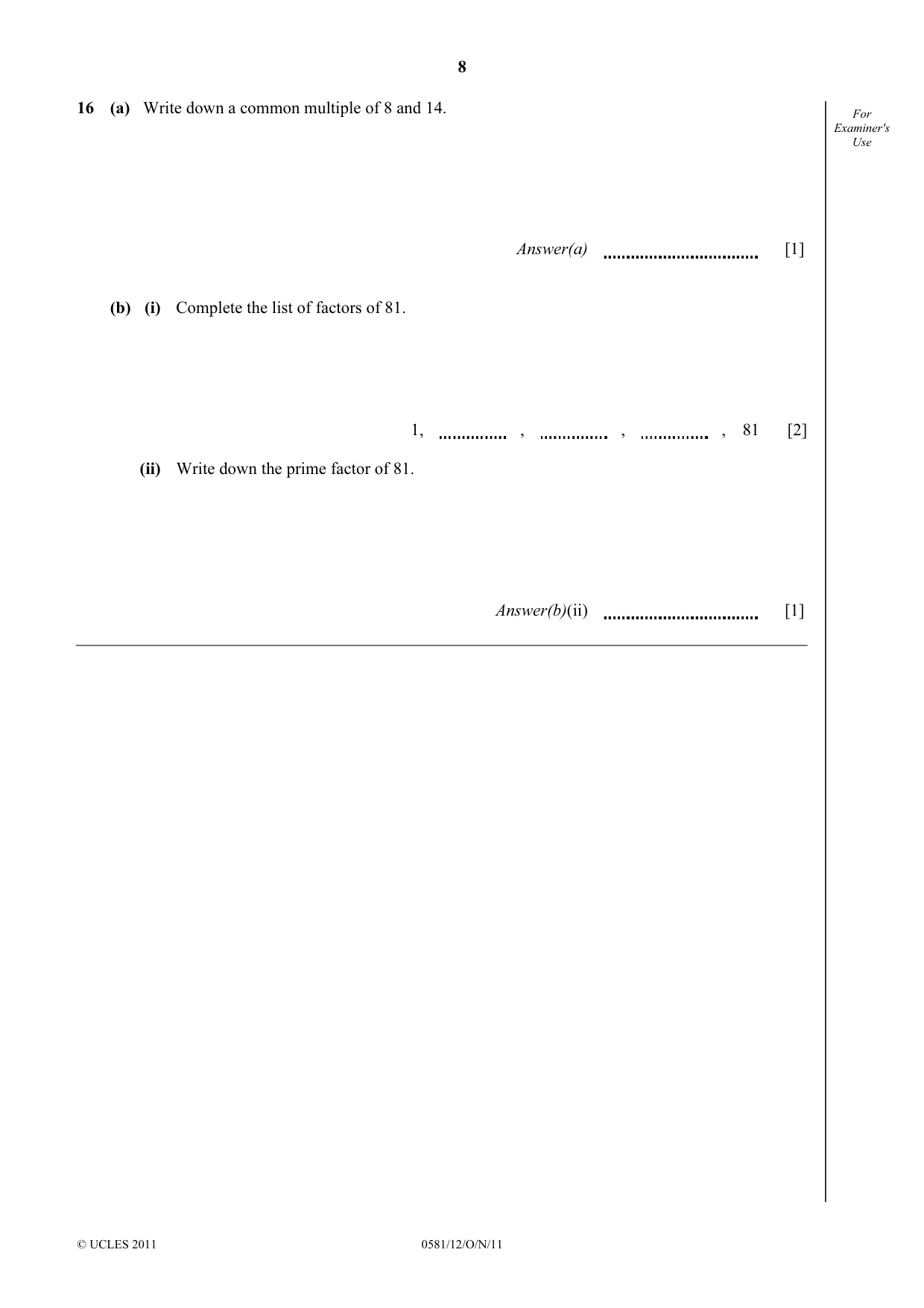 Cambridge IGCSE Mathematics (with coursework) 0581 2011 Oct/Nov Paper 1 · Variant 2 question paper, page 8 of 12