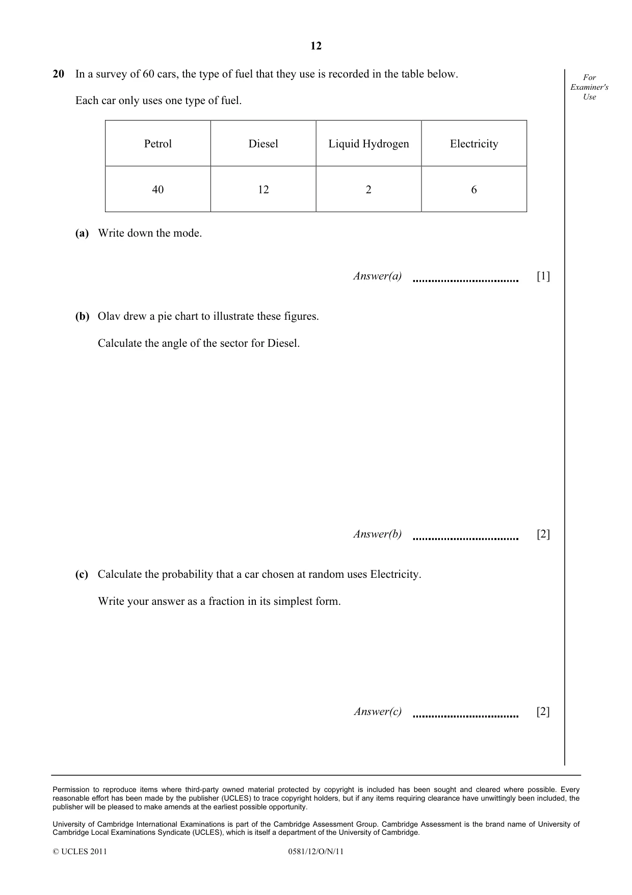 Cambridge IGCSE Mathematics (with coursework) 0581 2011 Oct/Nov Paper 1 · Variant 2 question paper, page 12 of 12