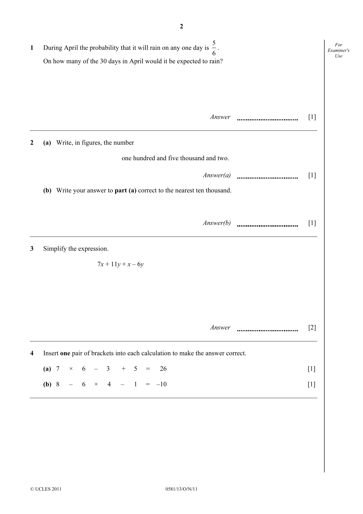 Cambridge IGCSE Mathematics (with coursework) 0581 2011 Oct/Nov Paper 1 · Variant 3 question paper, page 2 of 12