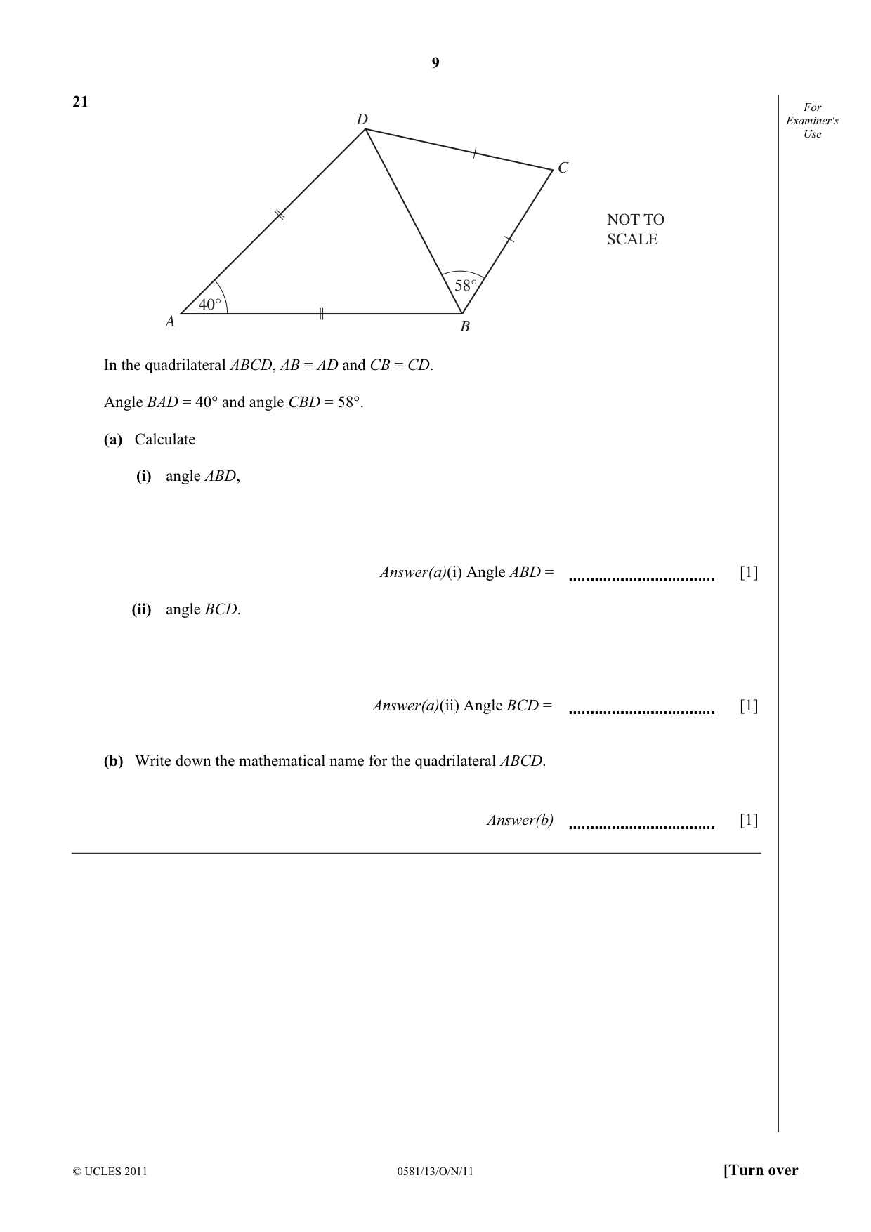 Cambridge IGCSE Mathematics (with coursework) 0581 2011 Oct/Nov Paper 1 · Variant 3 question paper, page 9 of 12