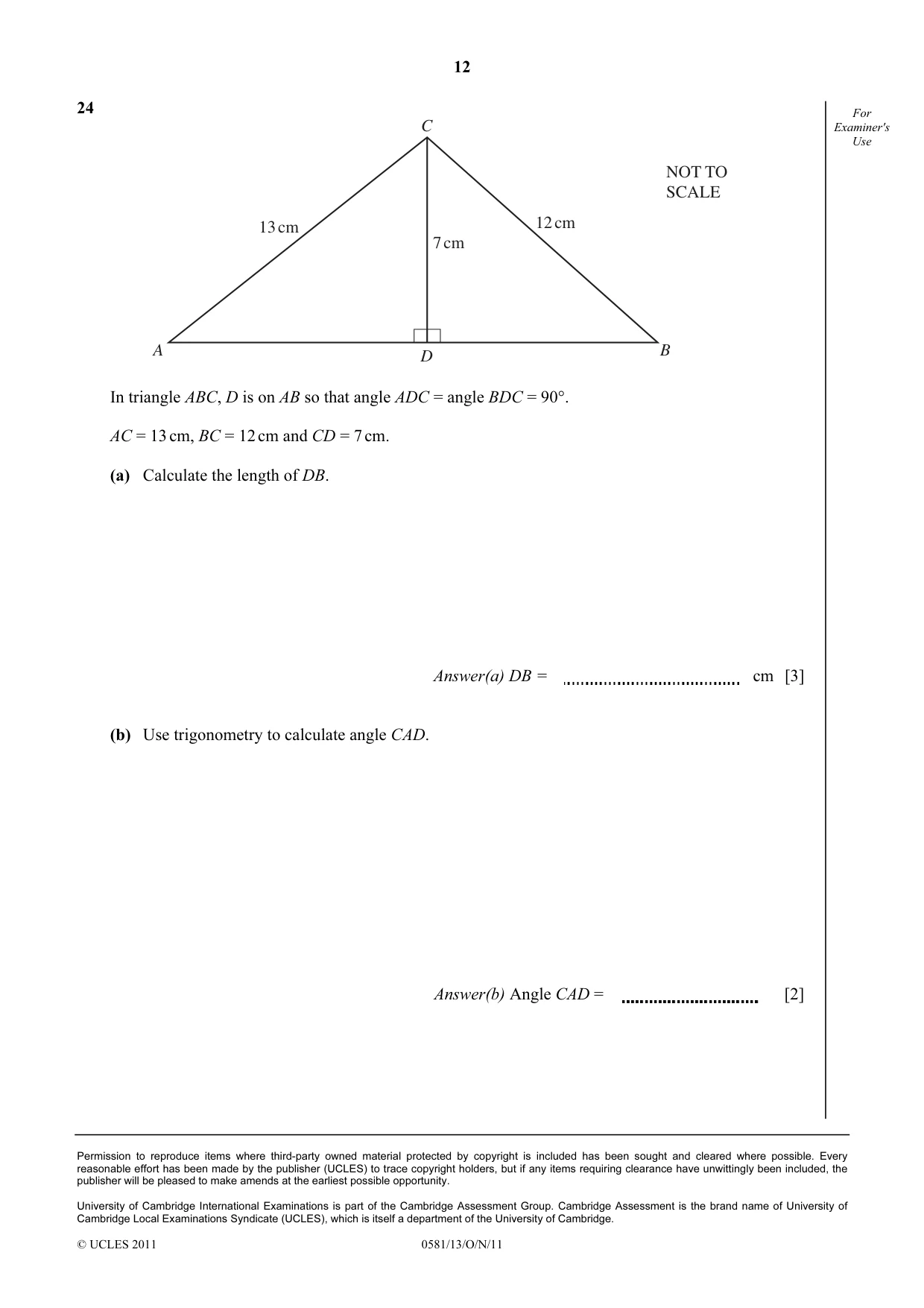 Cambridge IGCSE Mathematics (with coursework) 0581 2011 Oct/Nov Paper 1 · Variant 3 question paper, page 12 of 12