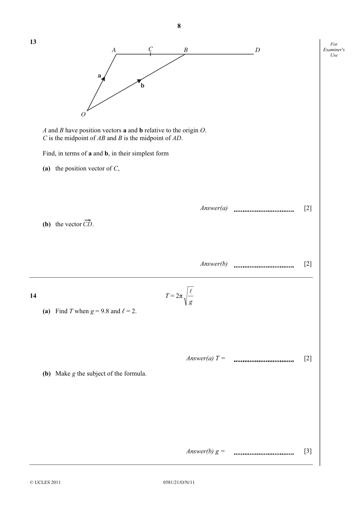 Cambridge IGCSE Mathematics (with coursework) 0581 2011 Oct/Nov Paper 2 · Variant 1 question paper, page 8 of 12
