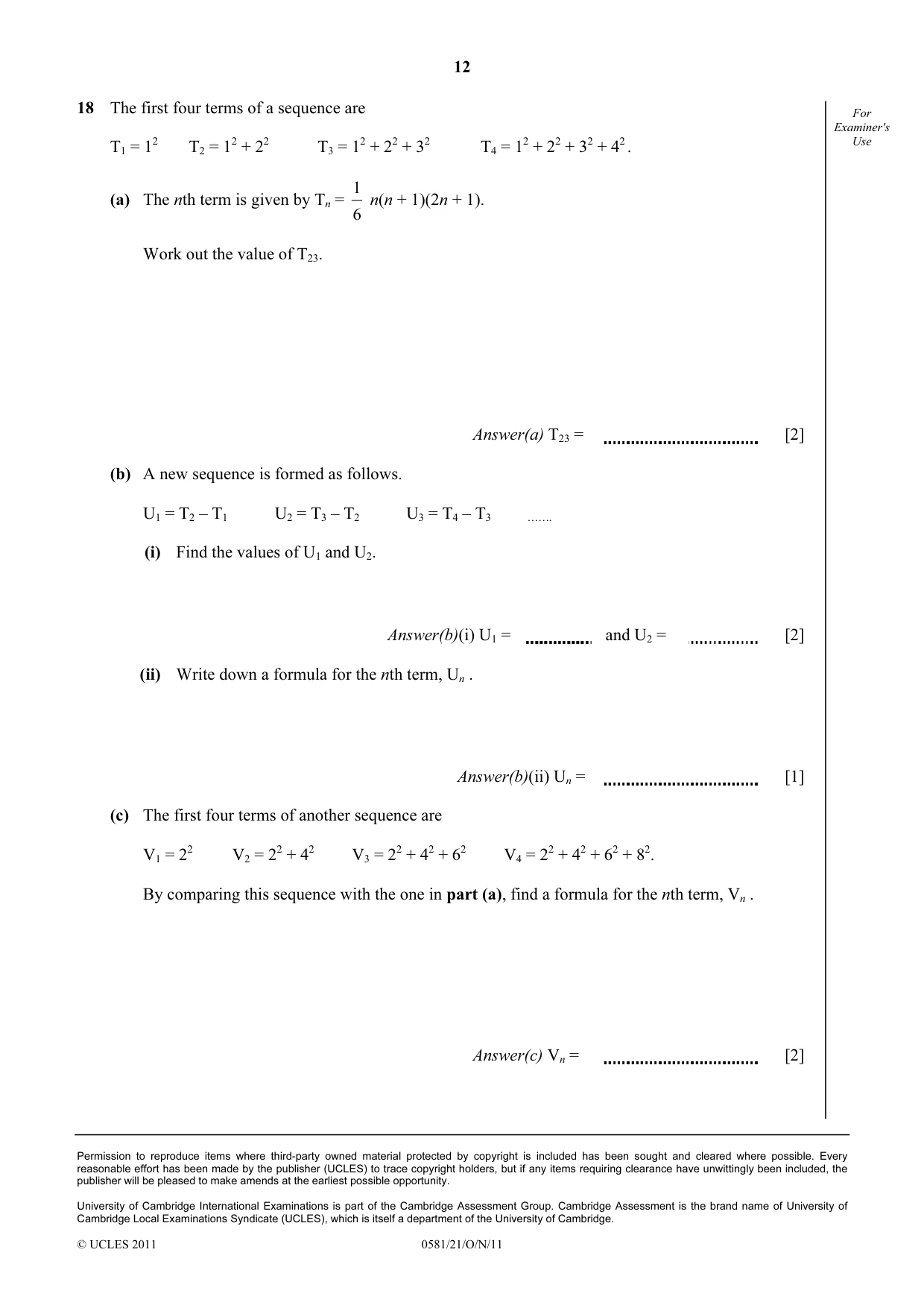 Cambridge IGCSE Mathematics (with coursework) 0581 2011 Oct/Nov Paper 2 · Variant 1 question paper, page 12 of 12