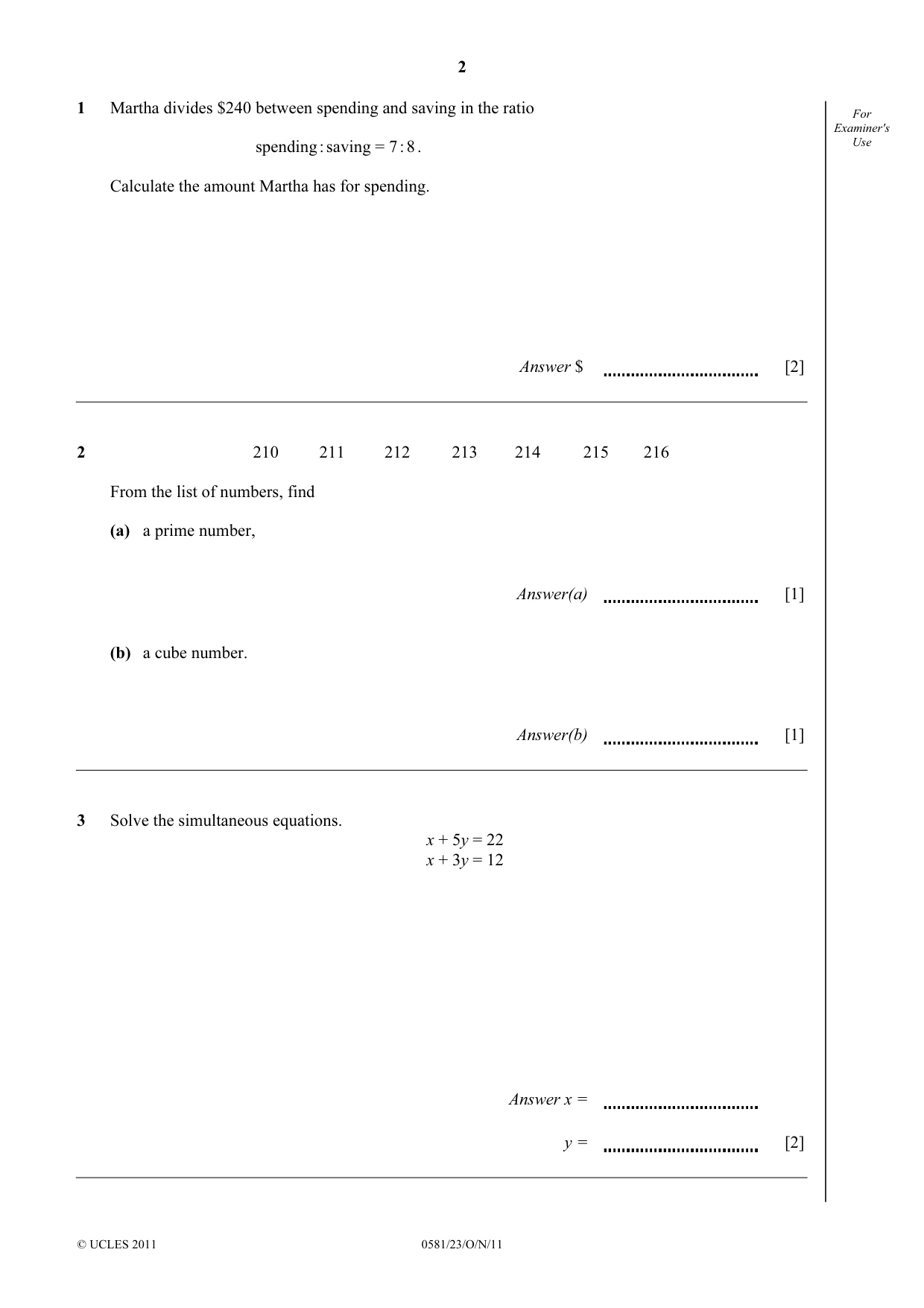 Cambridge IGCSE Mathematics (with coursework) 0581 2011 Oct/Nov Paper 2 · Variant 3 question paper, page 2 of 12