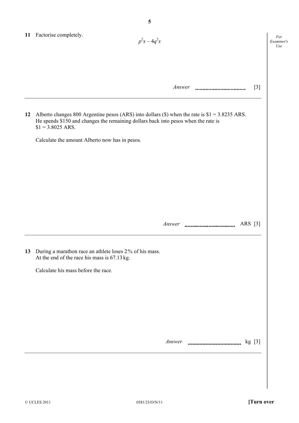 Cambridge IGCSE Mathematics (with coursework) 0581 2011 Oct/Nov Paper 2 · Variant 3 question paper, page 5 of 12