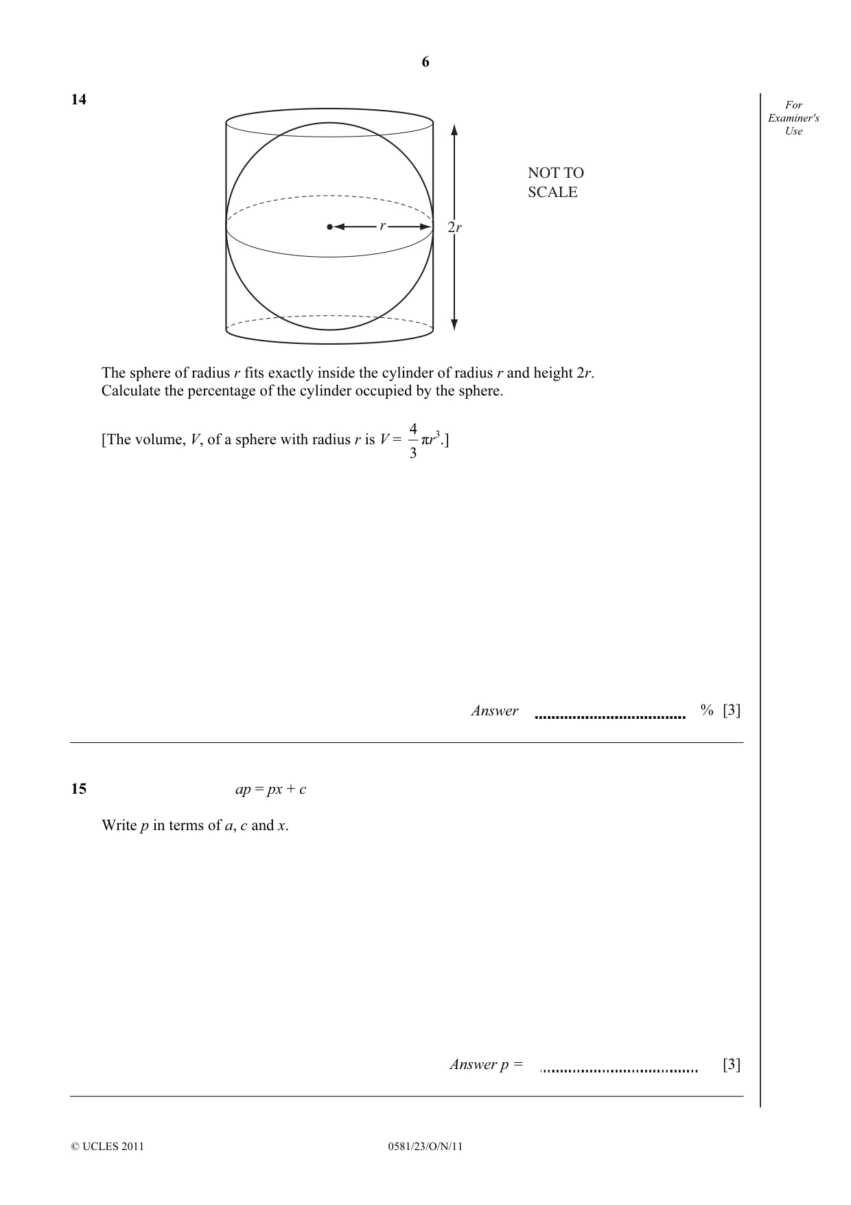 Cambridge IGCSE Mathematics (with coursework) 0581 2011 Oct/Nov Paper 2 · Variant 3 question paper, page 6 of 12