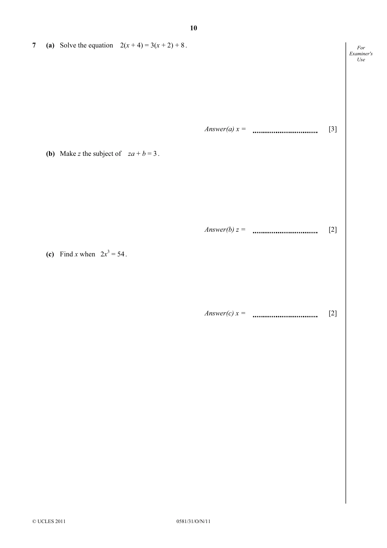 Cambridge IGCSE Mathematics (with coursework) 0581 2011 Oct/Nov Paper 3 · Variant 1 question paper, page 10 of 16