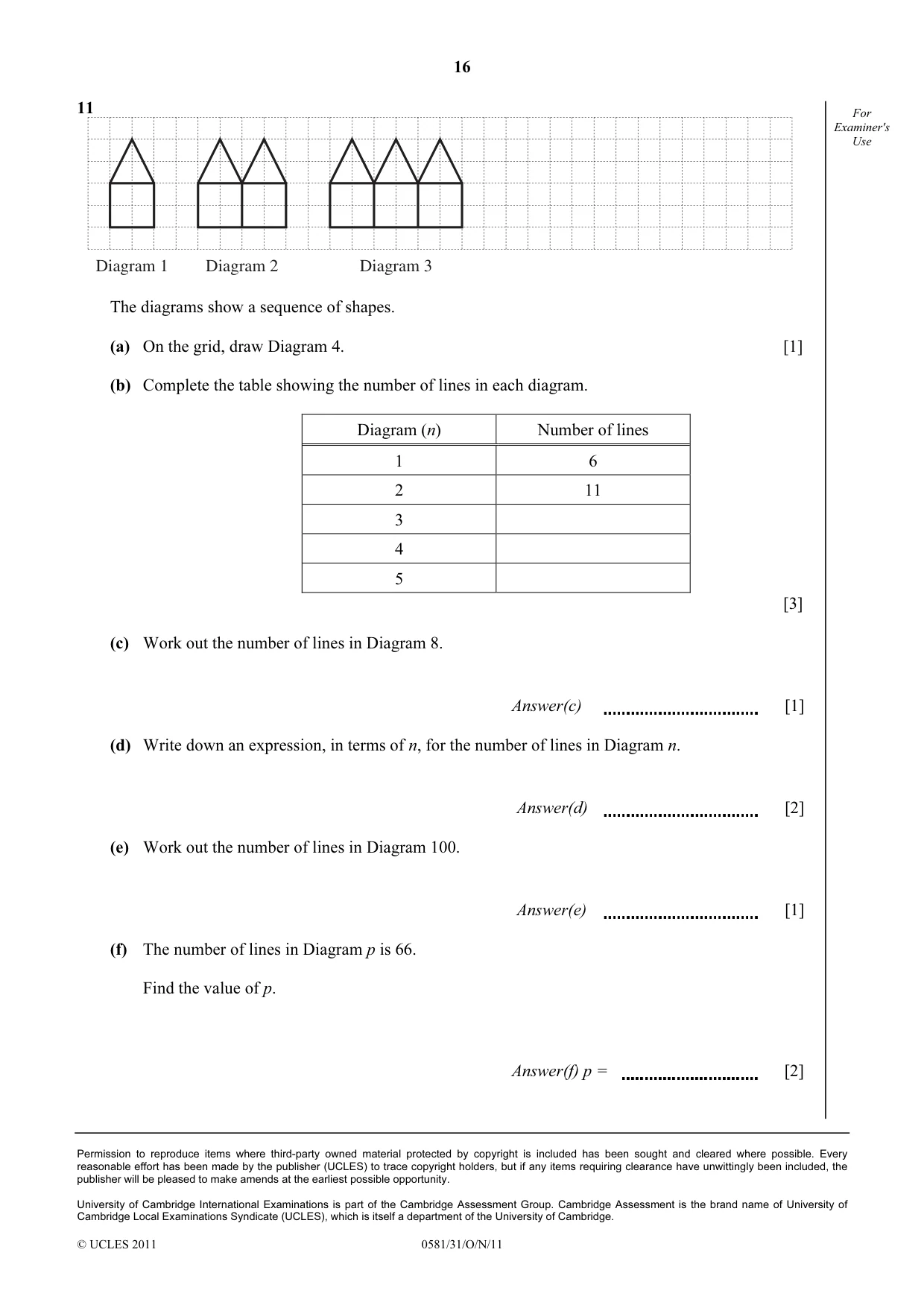 Cambridge IGCSE Mathematics (with coursework) 0581 2011 Oct/Nov Paper 3 · Variant 1 question paper, page 16 of 16
