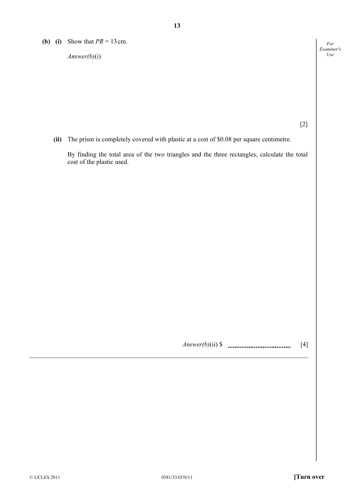 Cambridge IGCSE Mathematics (with coursework) 0581 2011 Oct/Nov Paper 3 · Variant 3 question paper, page 13 of 16