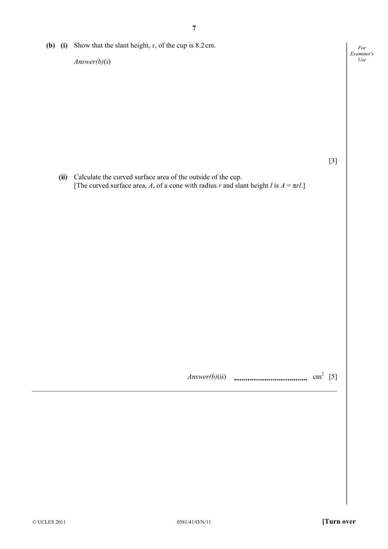 Cambridge IGCSE Mathematics (with coursework) 0581 2011 Oct/Nov Paper 4 · Variant 1 question paper, page 7 of 16