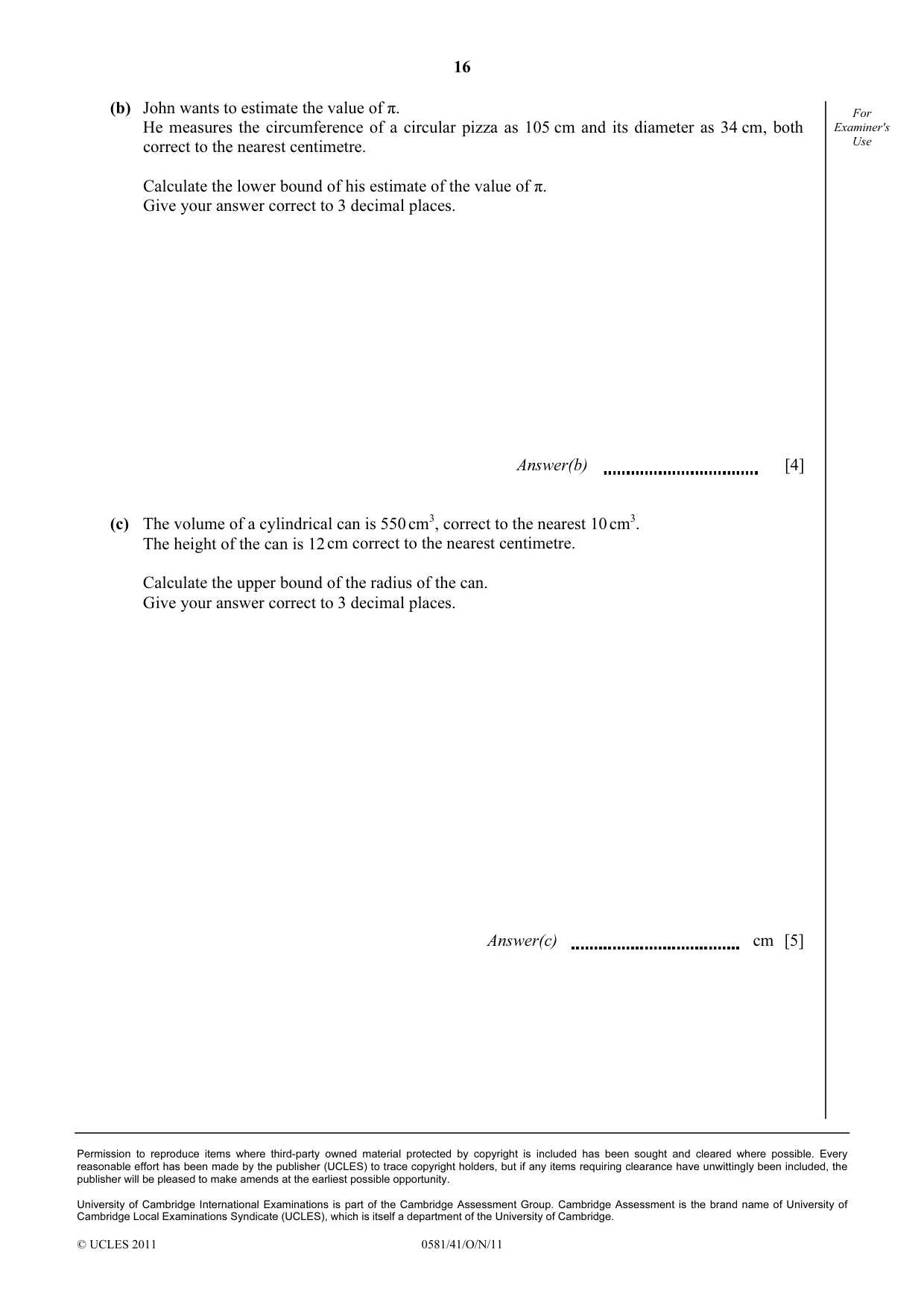 Cambridge IGCSE Mathematics (with coursework) 0581 2011 Oct/Nov Paper 4 · Variant 1 question paper, page 16 of 16