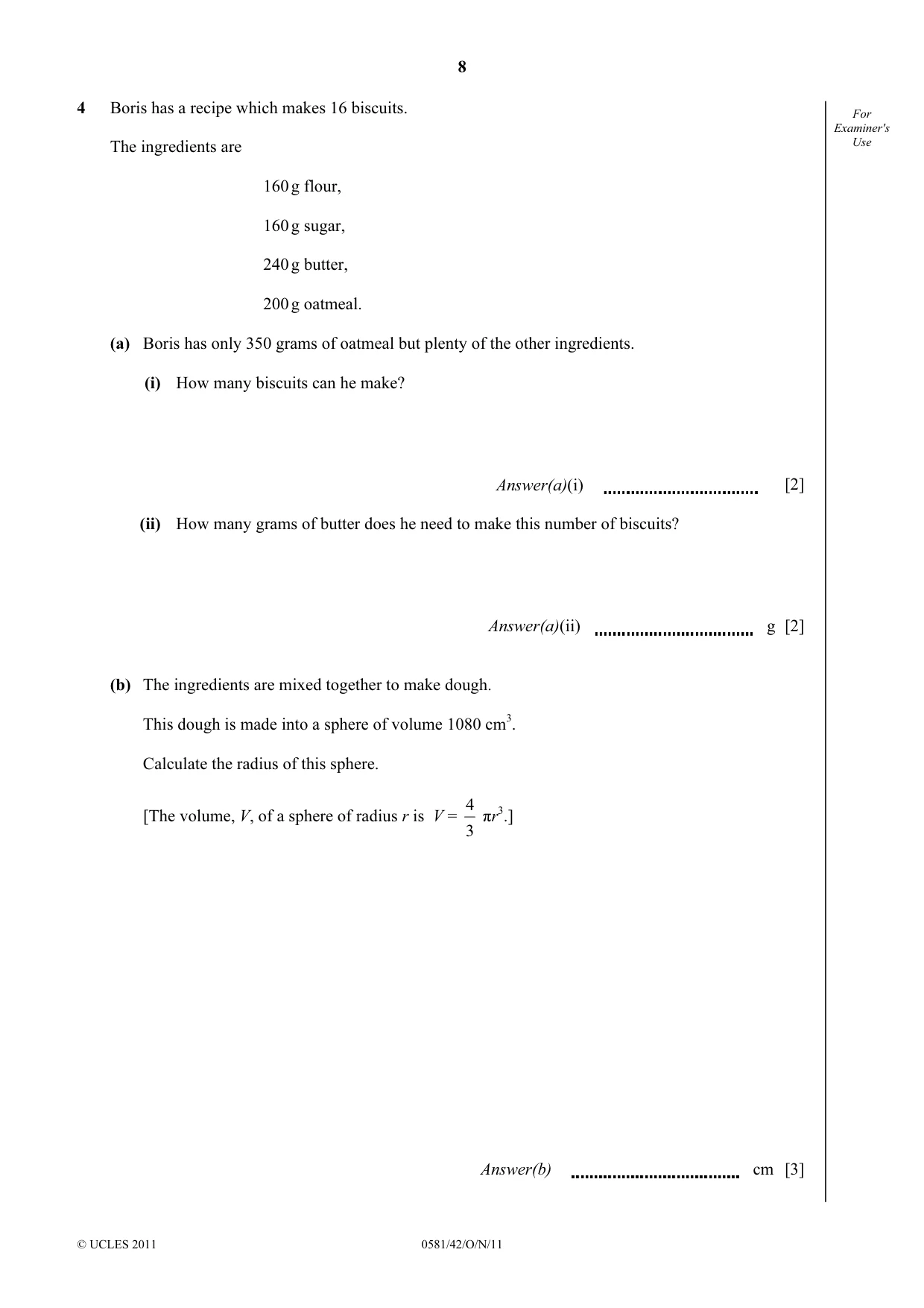 Cambridge IGCSE Mathematics (with coursework) 0581 2011 Oct/Nov Paper 4 · Variant 2 question paper, page 8 of 20