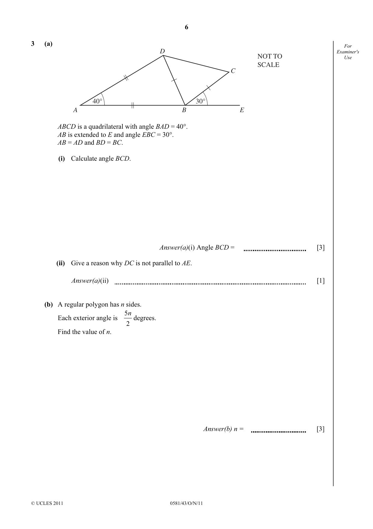Cambridge IGCSE Mathematics (with coursework) 0581 2011 Oct/Nov Paper 4 · Variant 3 question paper, page 6 of 20