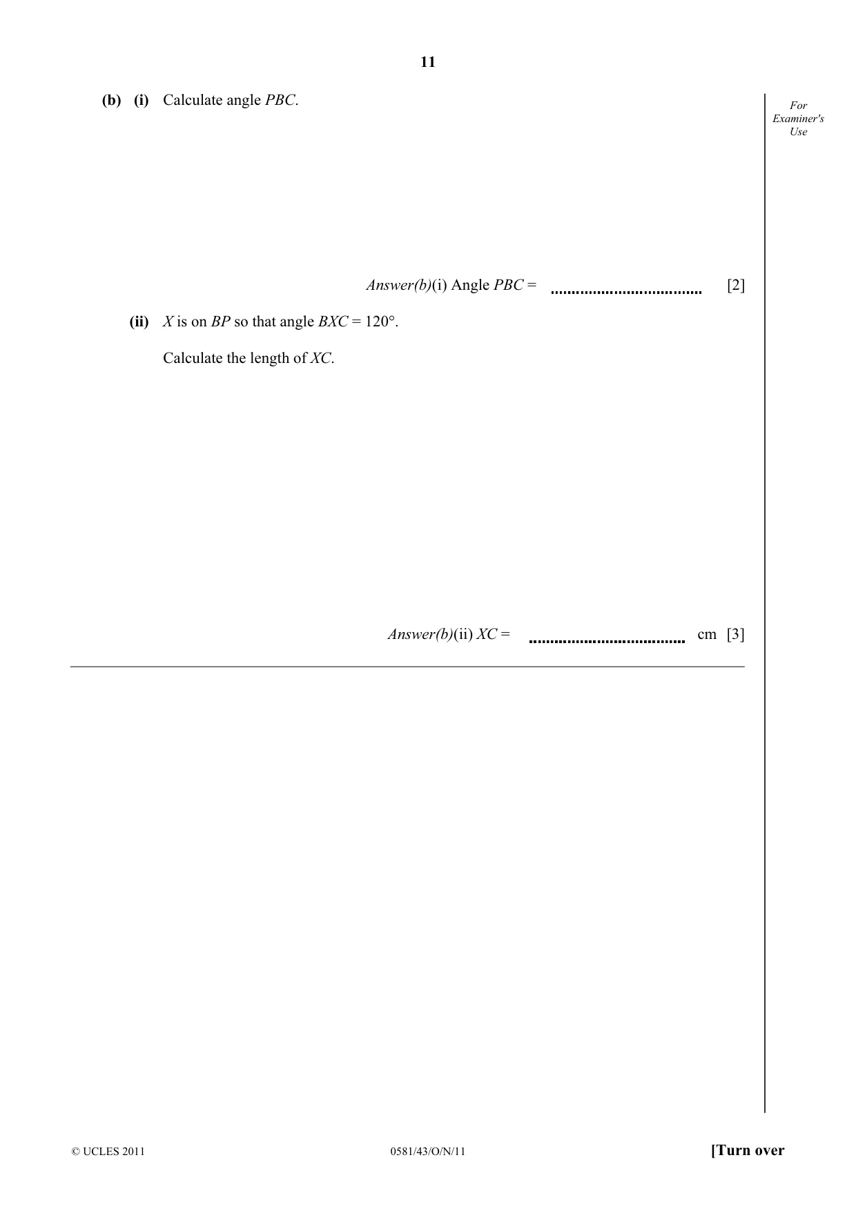 Cambridge IGCSE Mathematics (with coursework) 0581 2011 Oct/Nov Paper 4 · Variant 3 question paper, page 11 of 20
