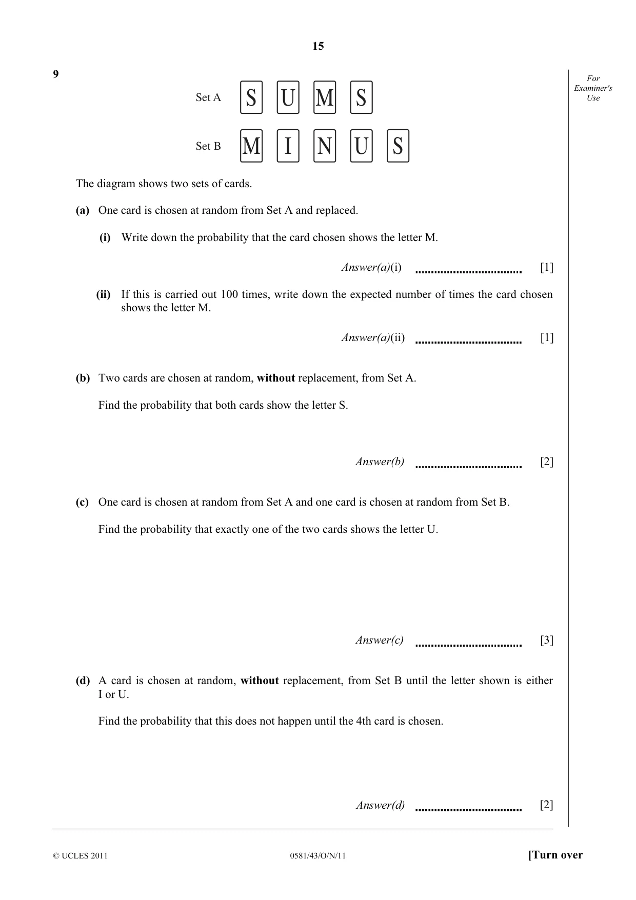 Cambridge IGCSE Mathematics (with coursework) 0581 2011 Oct/Nov Paper 4 · Variant 3 question paper, page 15 of 20