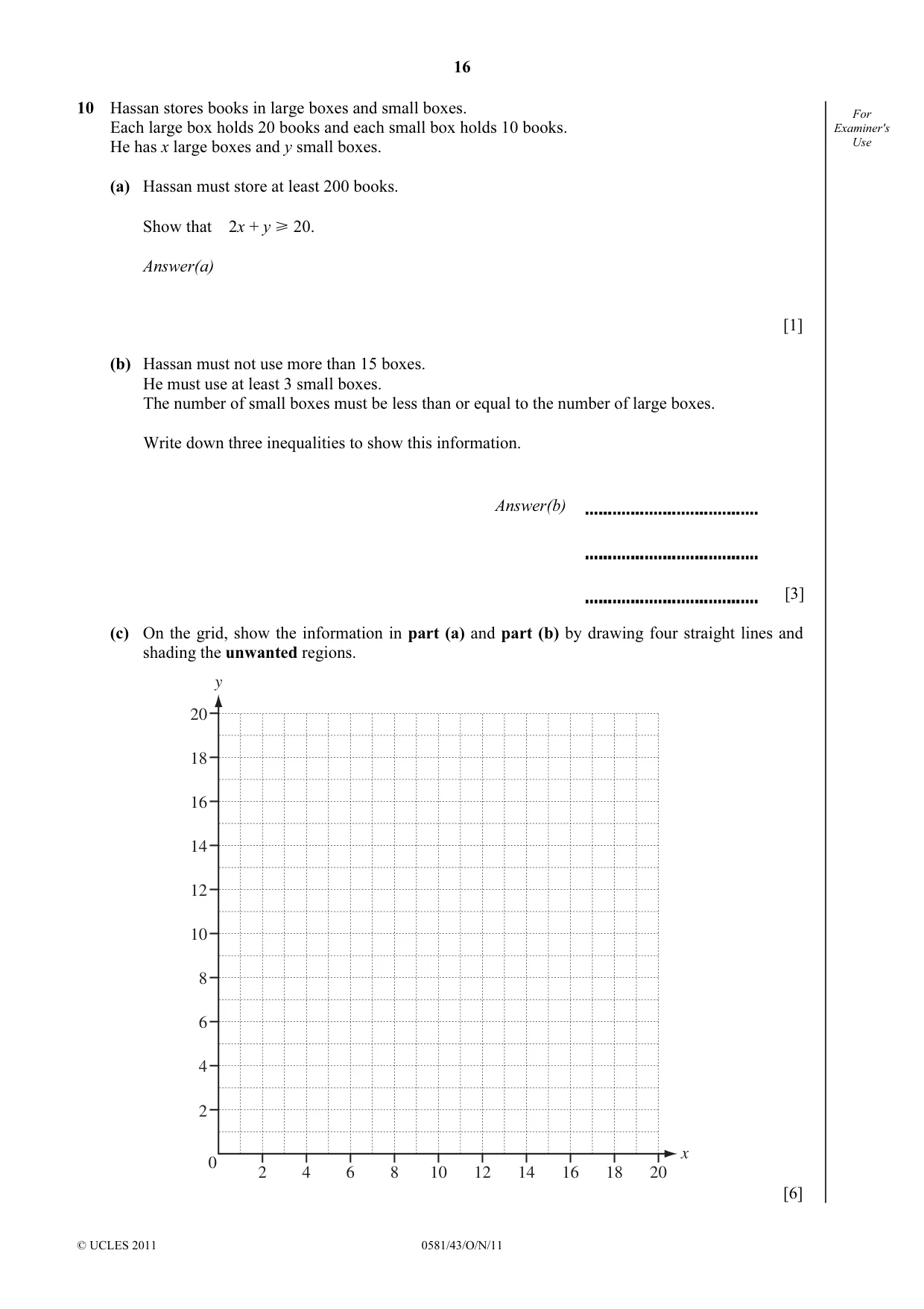 Cambridge IGCSE Mathematics (with coursework) 0581 2011 Oct/Nov Paper 4 · Variant 3 question paper, page 16 of 20