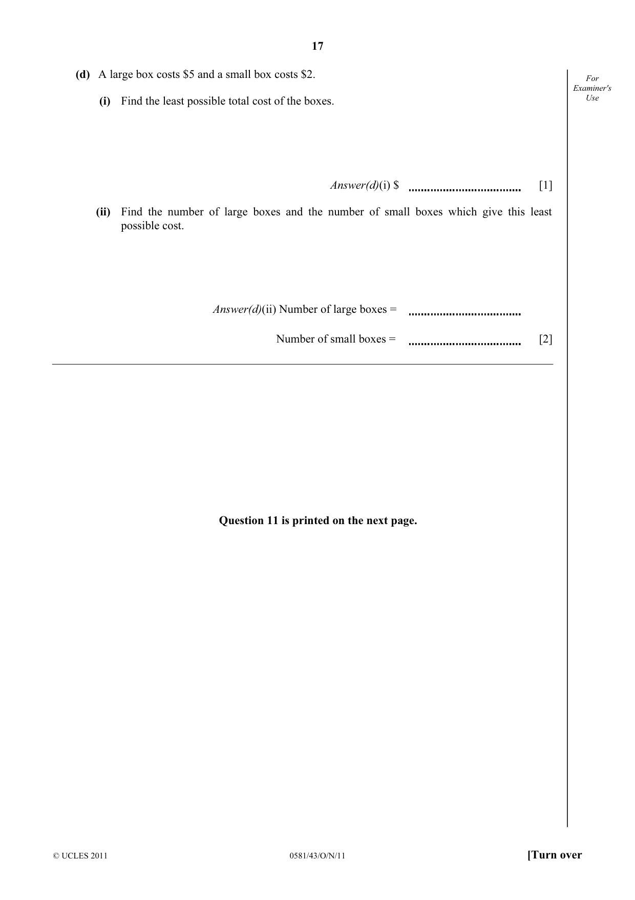 Cambridge IGCSE Mathematics (with coursework) 0581 2011 Oct/Nov Paper 4 · Variant 3 question paper, page 17 of 20