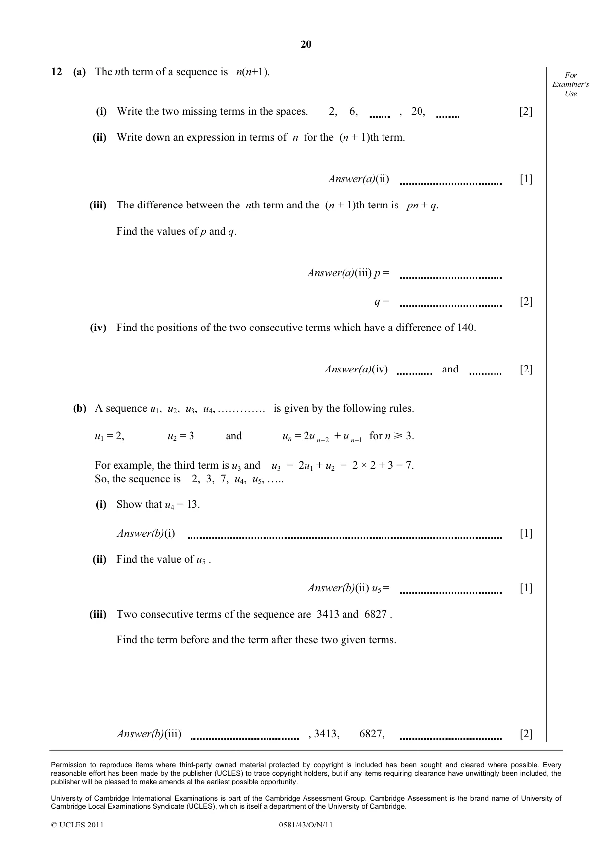 Cambridge IGCSE Mathematics (with coursework) 0581 2011 Oct/Nov Paper 4 · Variant 3 question paper, page 20 of 20