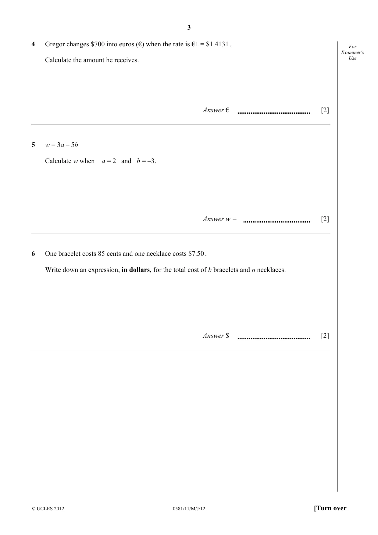 Cambridge IGCSE Mathematics (with coursework) 0581 2012 May/June Paper 1 · Variant 1 question paper, page 3 of 12