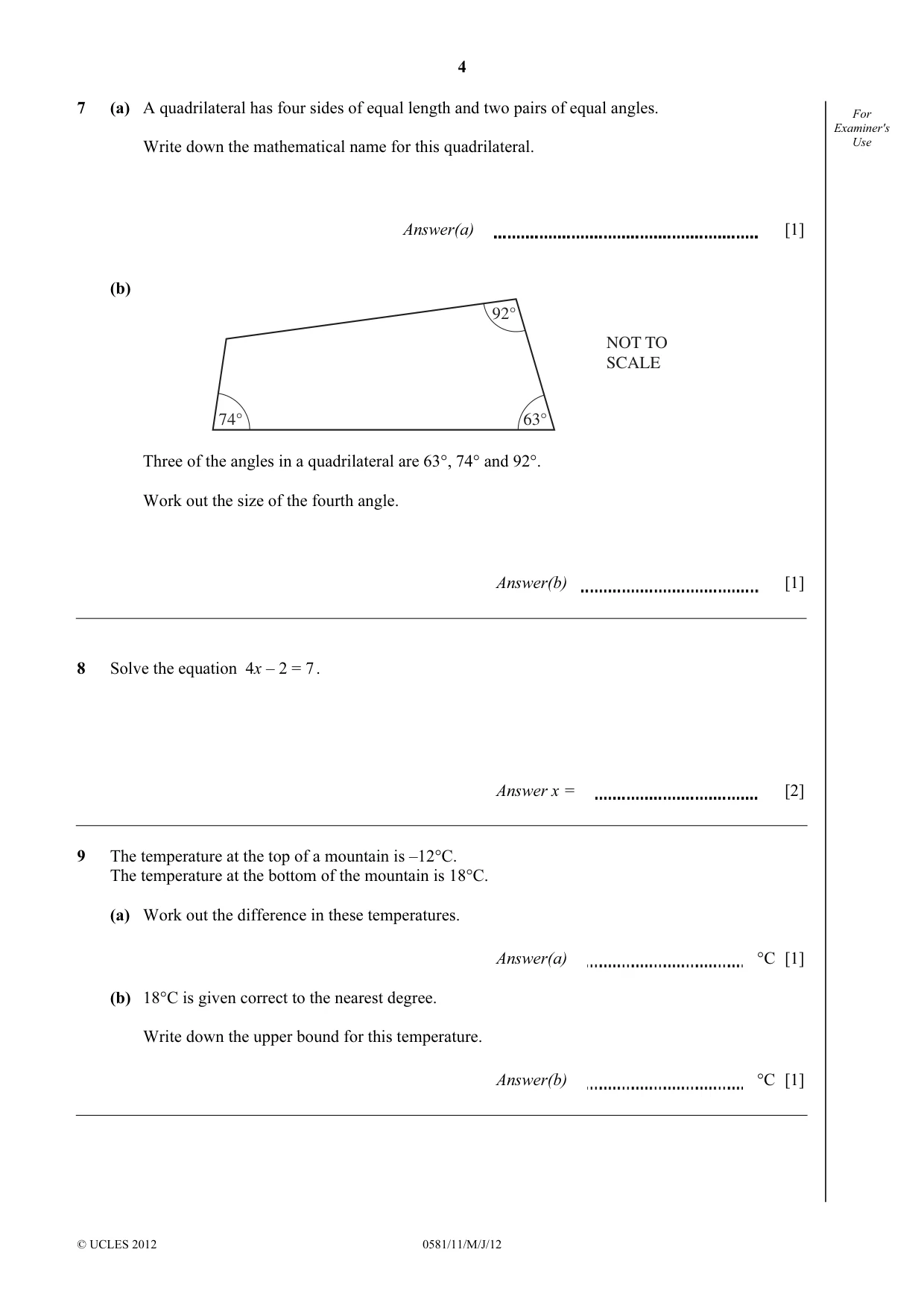 Cambridge IGCSE Mathematics (with coursework) 0581 2012 May/June Paper 1 · Variant 1 question paper, page 4 of 12