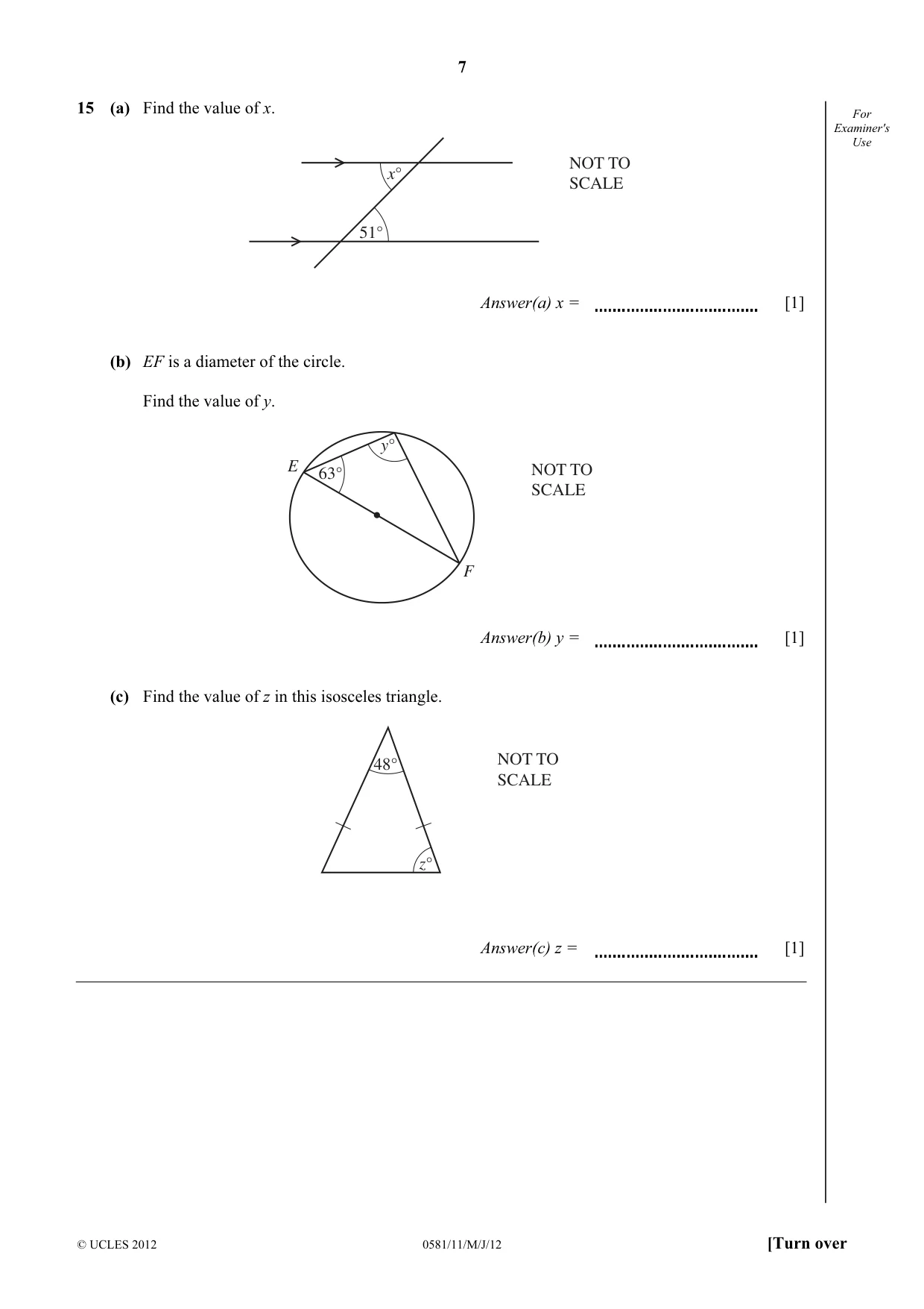 Cambridge IGCSE Mathematics (with coursework) 0581 2012 May/June Paper 1 · Variant 1 question paper, page 7 of 12