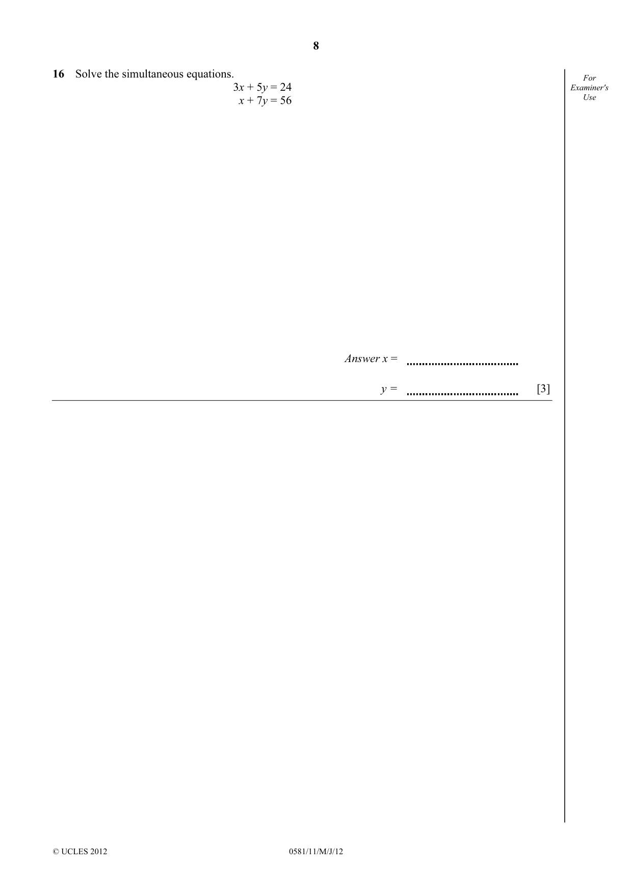 Cambridge IGCSE Mathematics (with coursework) 0581 2012 May/June Paper 1 · Variant 1 question paper, page 8 of 12