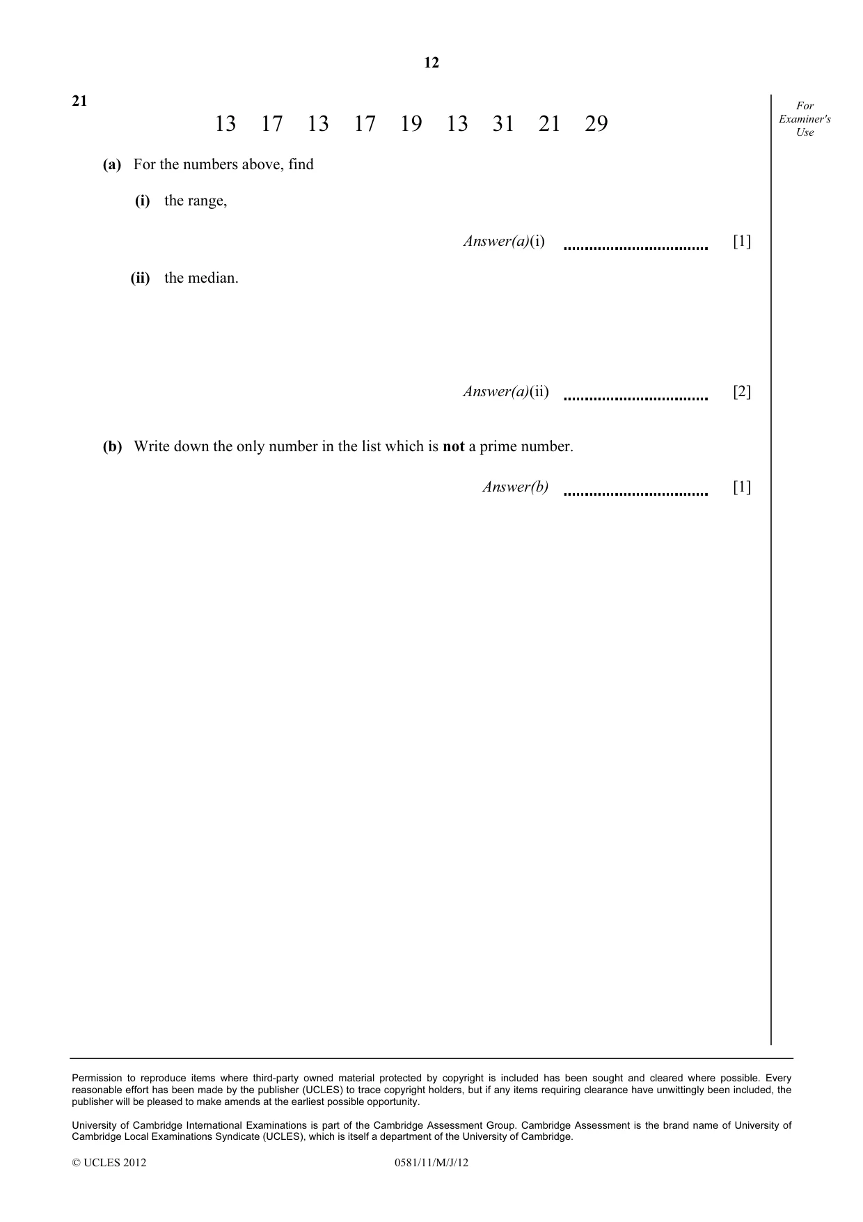 Cambridge IGCSE Mathematics (with coursework) 0581 2012 May/June Paper 1 · Variant 1 question paper, page 12 of 12