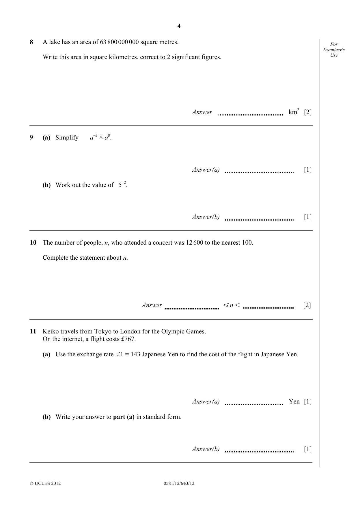Cambridge IGCSE Mathematics (with coursework) 0581 2012 May/June Paper 1 · Variant 2 question paper, page 4 of 12
