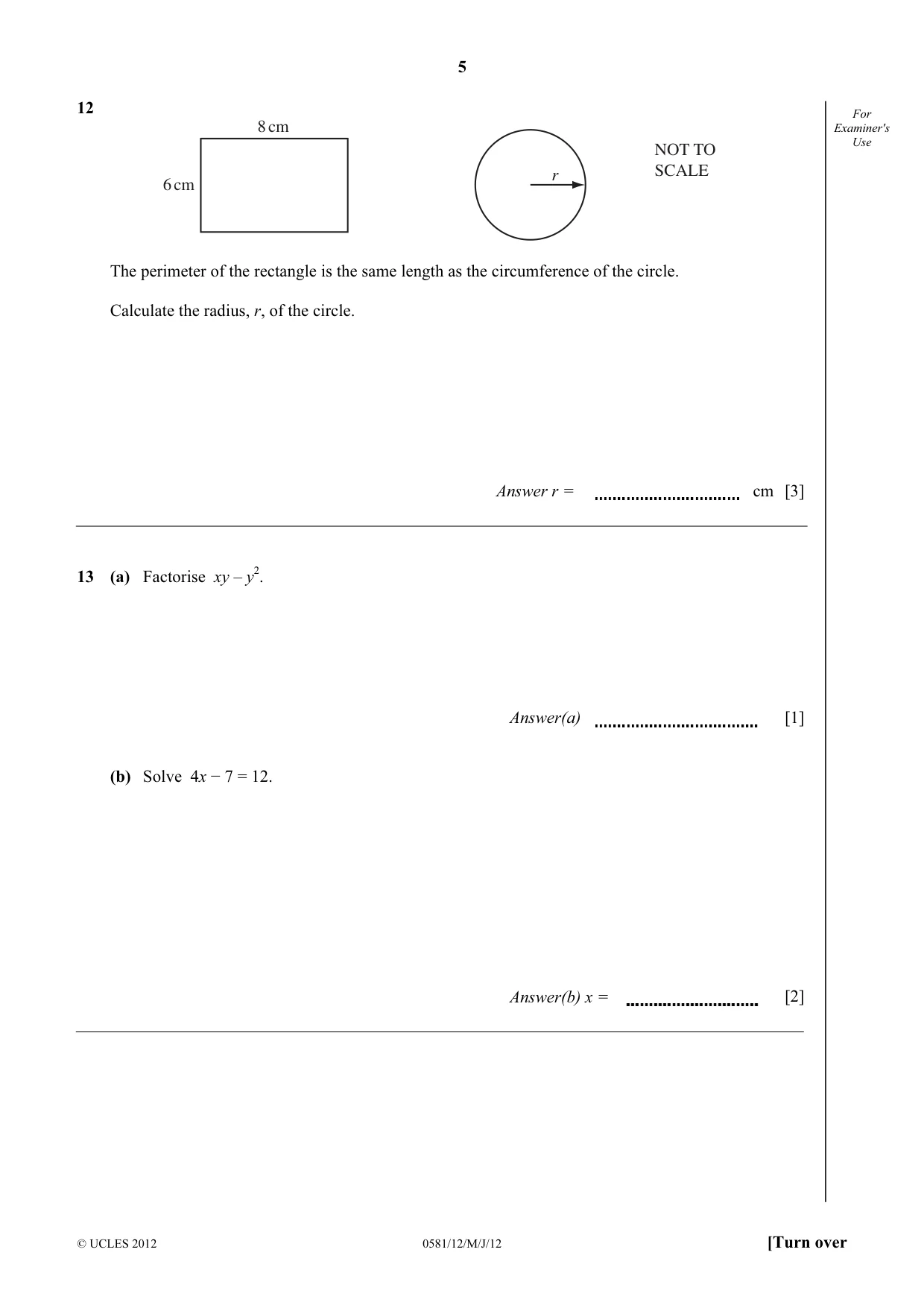 Cambridge IGCSE Mathematics (with coursework) 0581 2012 May/June Paper 1 · Variant 2 question paper, page 5 of 12