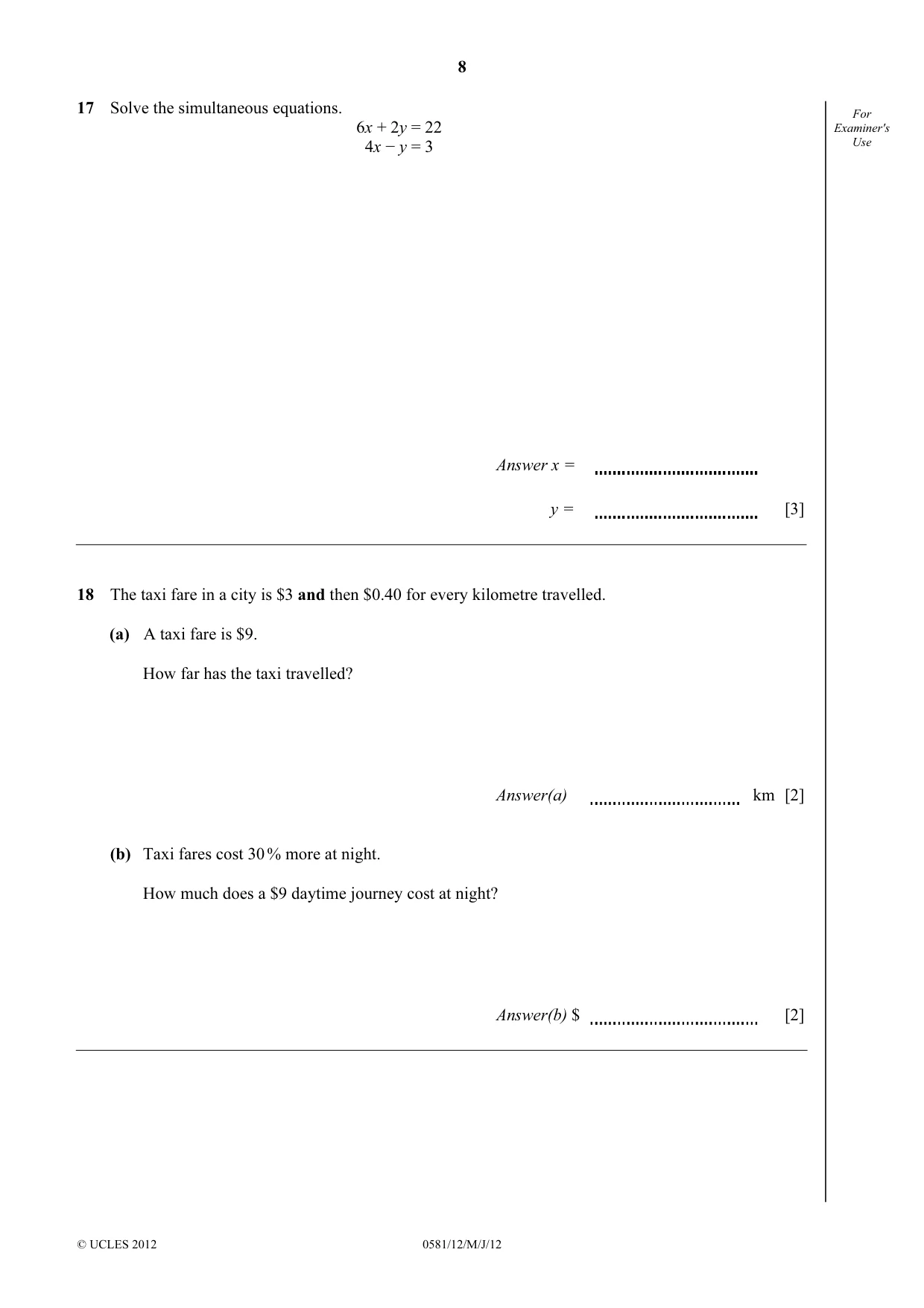 Cambridge IGCSE Mathematics (with coursework) 0581 2012 May/June Paper 1 · Variant 2 question paper, page 8 of 12