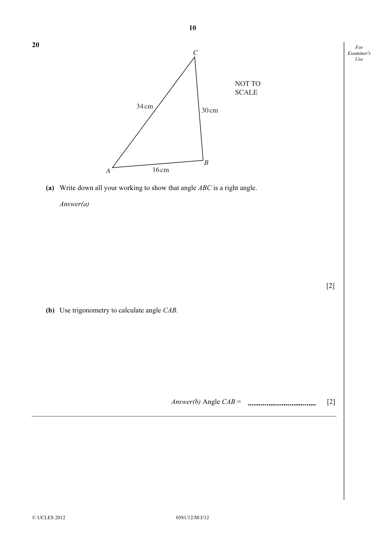 Cambridge IGCSE Mathematics (with coursework) 0581 2012 May/June Paper 1 · Variant 2 question paper, page 10 of 12