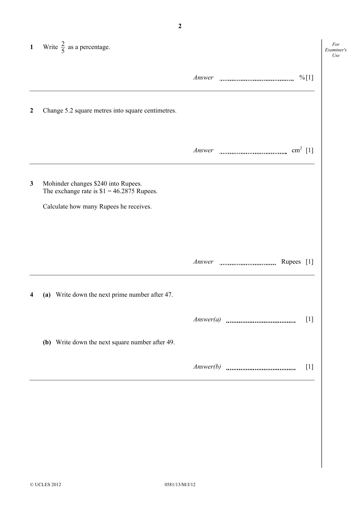 Cambridge IGCSE Mathematics (with coursework) 0581 2012 May/June Paper 1 · Variant 3 question paper, page 2 of 12
