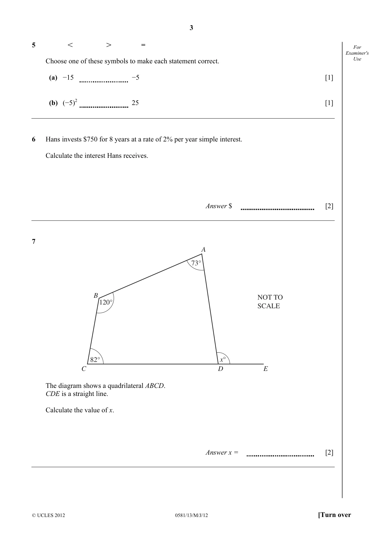 Cambridge IGCSE Mathematics (with coursework) 0581 2012 May/June Paper 1 · Variant 3 question paper, page 3 of 12