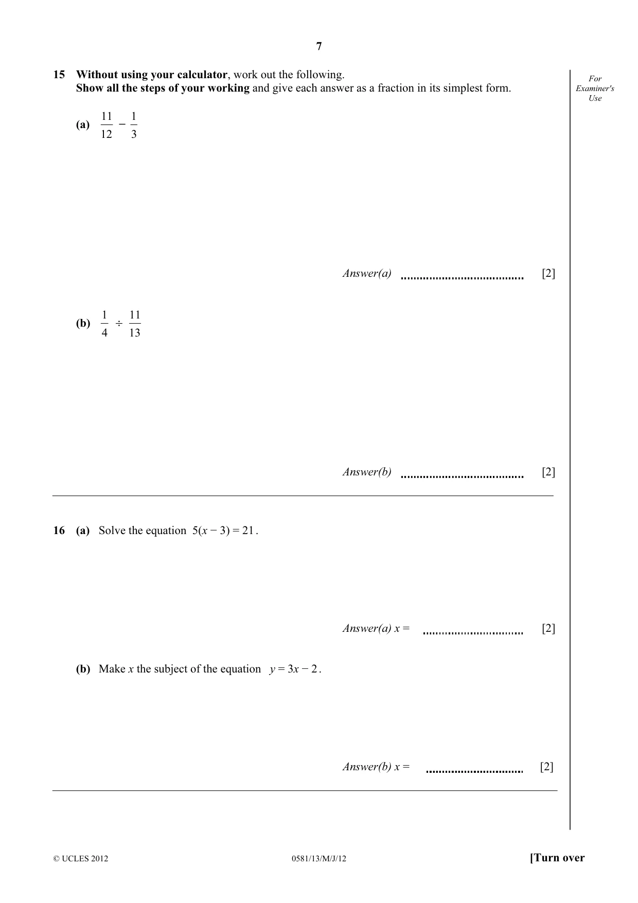 Cambridge IGCSE Mathematics (with coursework) 0581 2012 May/June Paper 1 · Variant 3 question paper, page 7 of 12