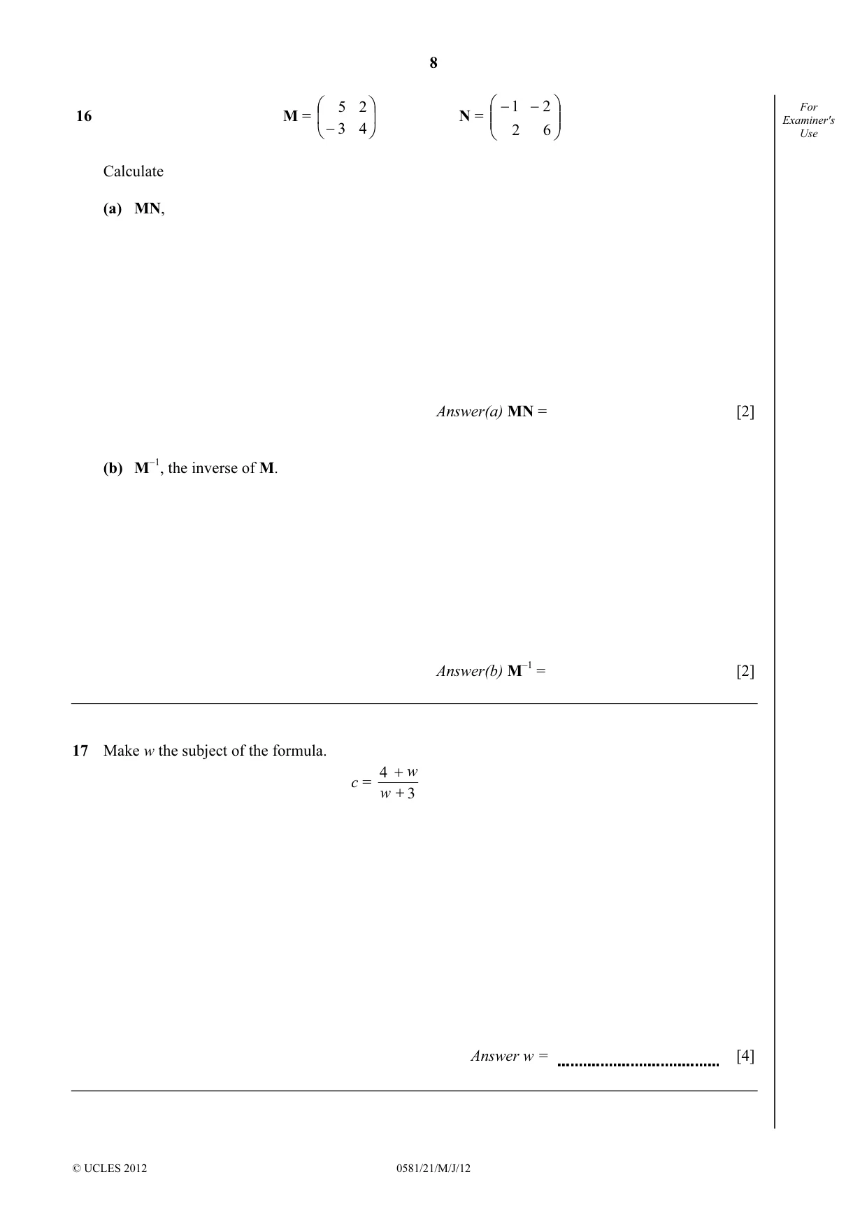 Cambridge IGCSE Mathematics (with coursework) 0581 2012 May/June Paper 2 · Variant 1 question paper, page 8 of 12