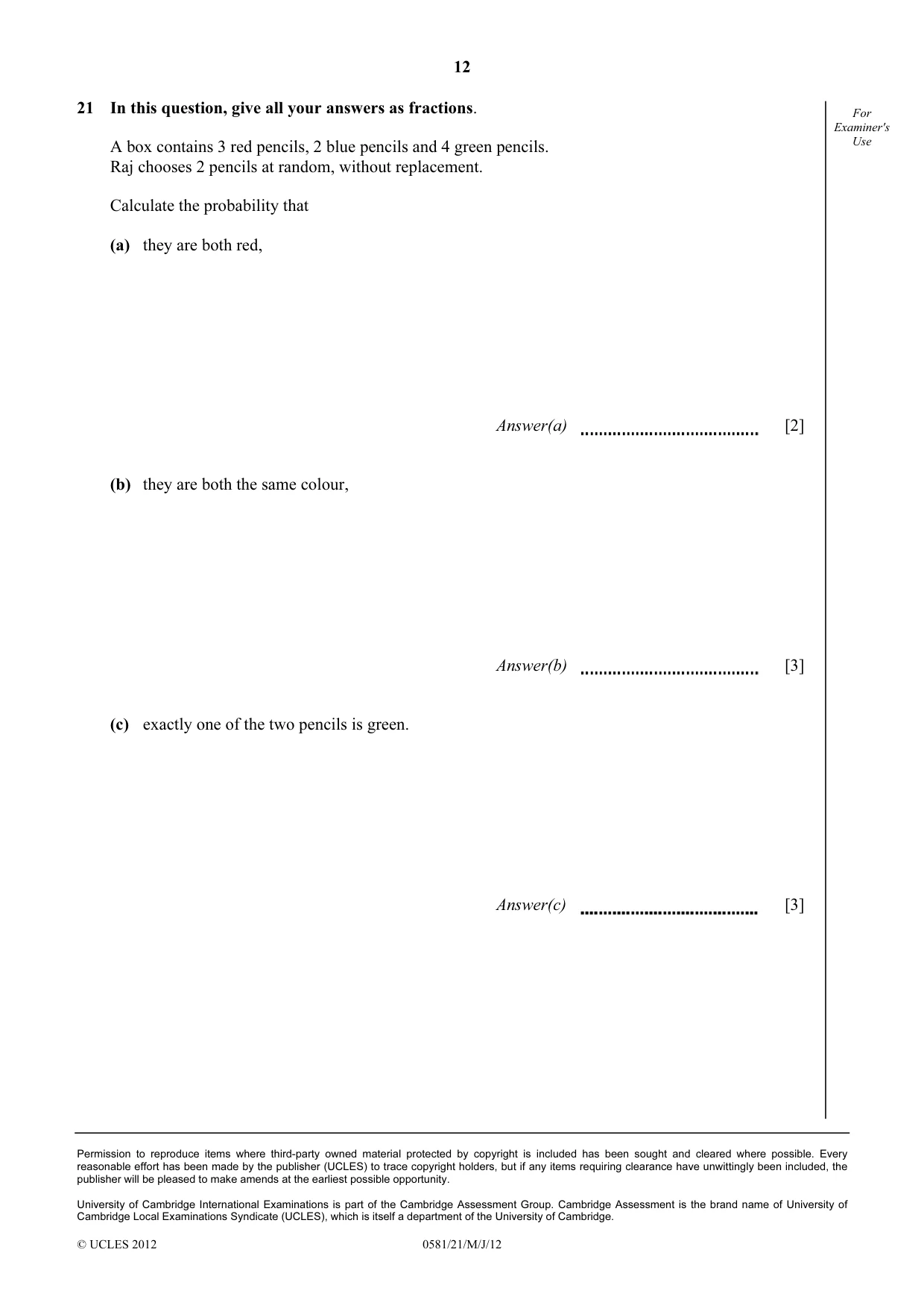 Cambridge IGCSE Mathematics (with coursework) 0581 2012 May/June Paper 2 · Variant 1 question paper, page 12 of 12