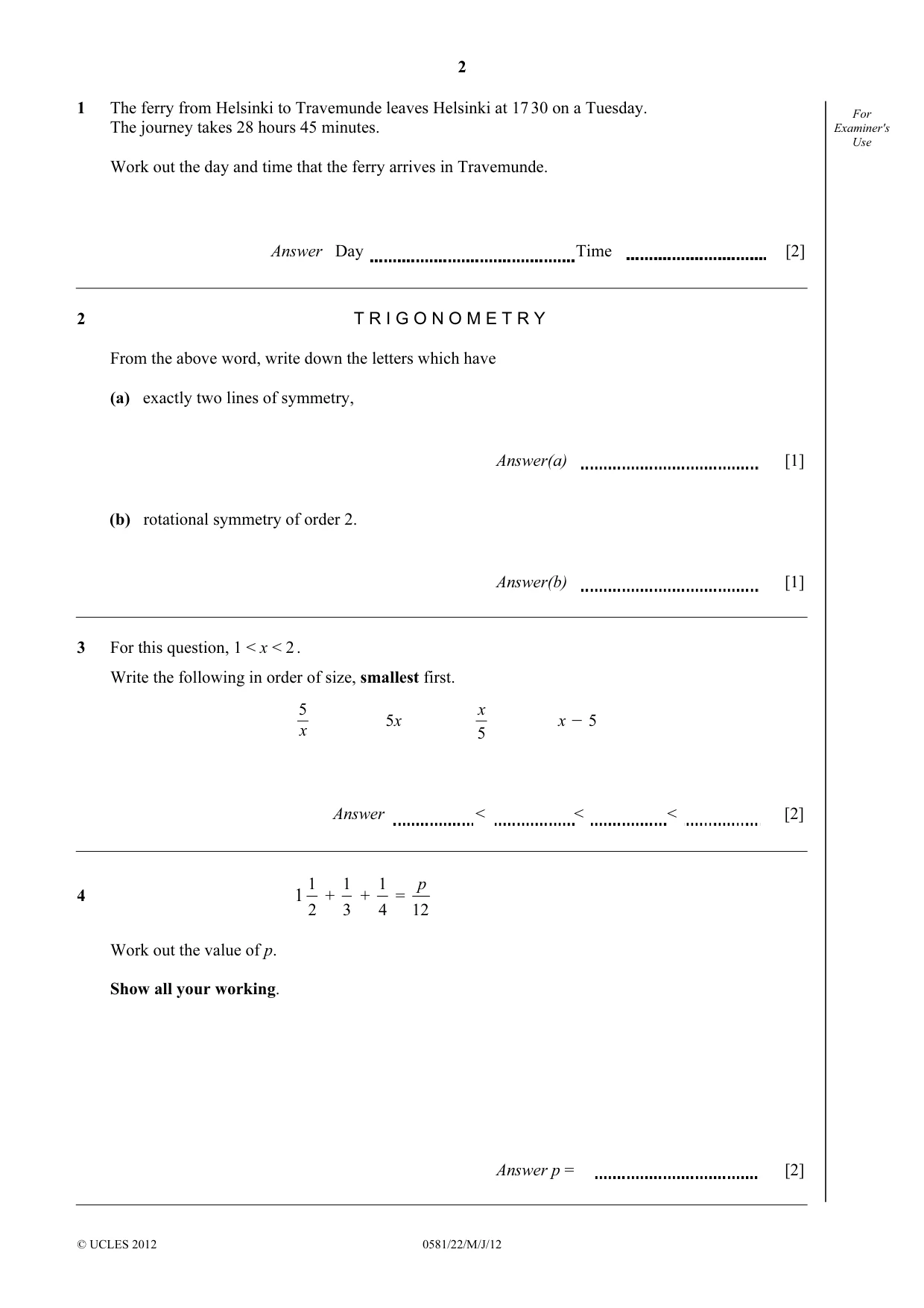 Cambridge IGCSE Mathematics (with coursework) 0581 2012 May/June Paper 2 · Variant 2 question paper, page 2 of 12